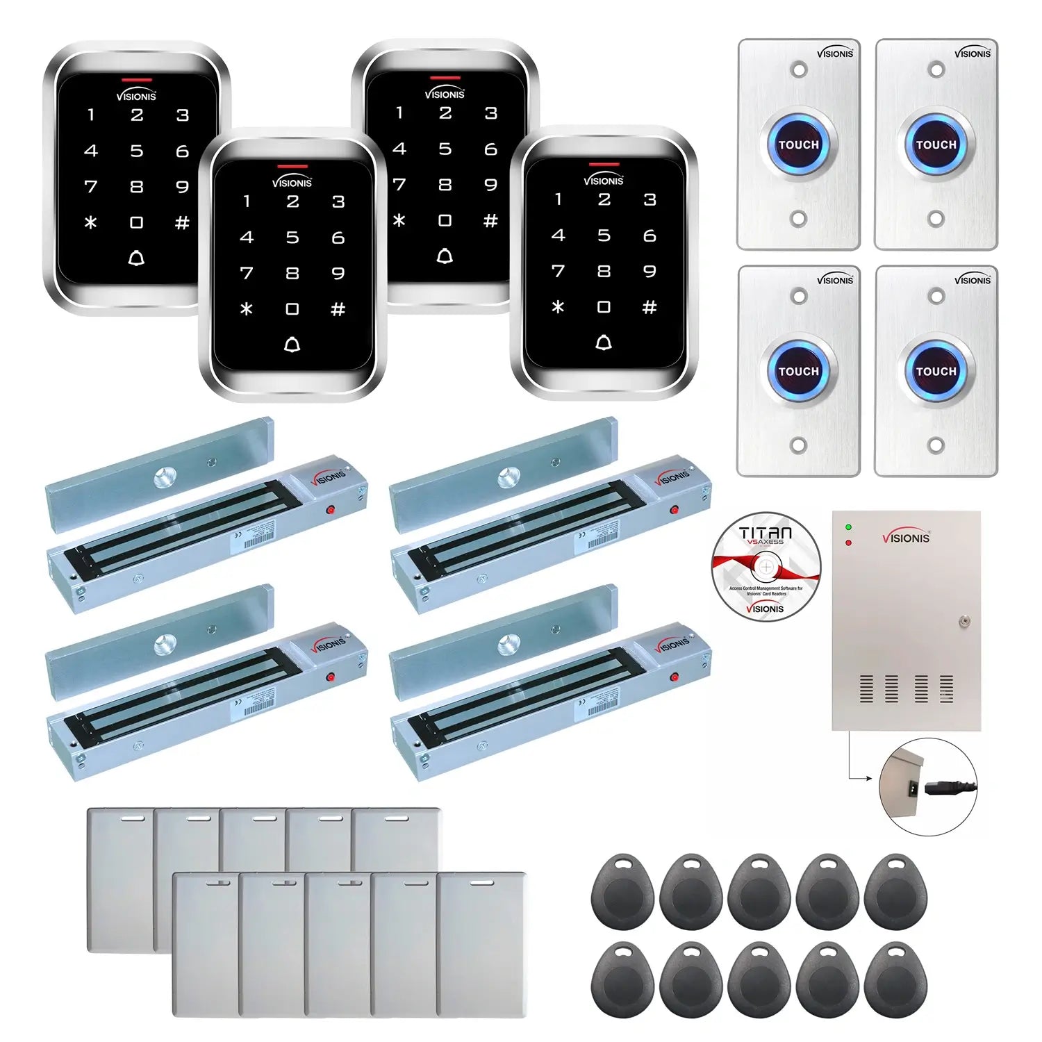 Office access control system with 600 lbs Magnetic Door Locks, Software, push to exit button and controller - FPC-7942