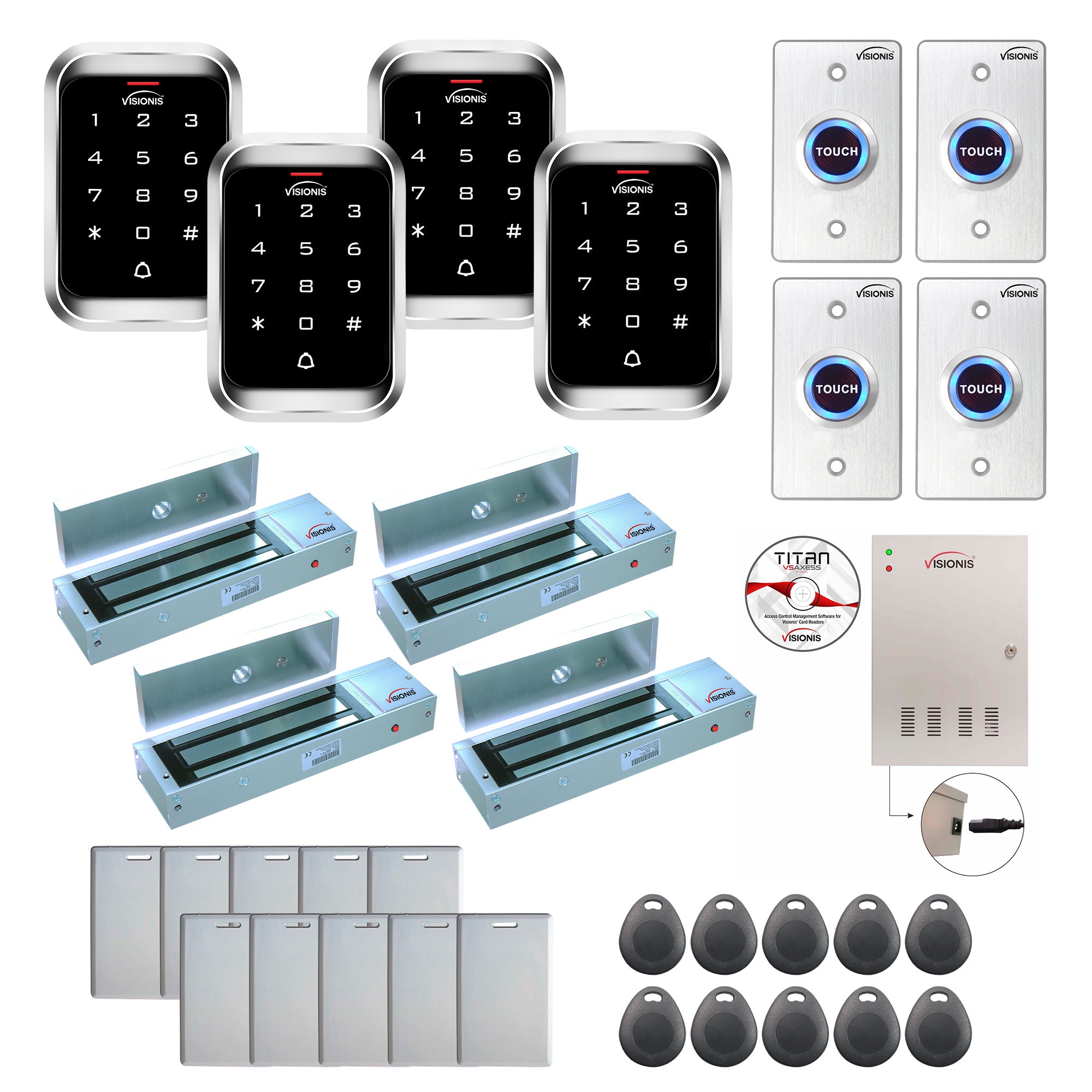 FPC-7943 4 Doors Access Control Outswinging Door 1200lbs Mag Lock Time Attendance TCP/IP Wiegand Controller Box, Outdoor Weatherproof Keypad/Reader, EM Compatible, Software Included, 20000 Users Kit