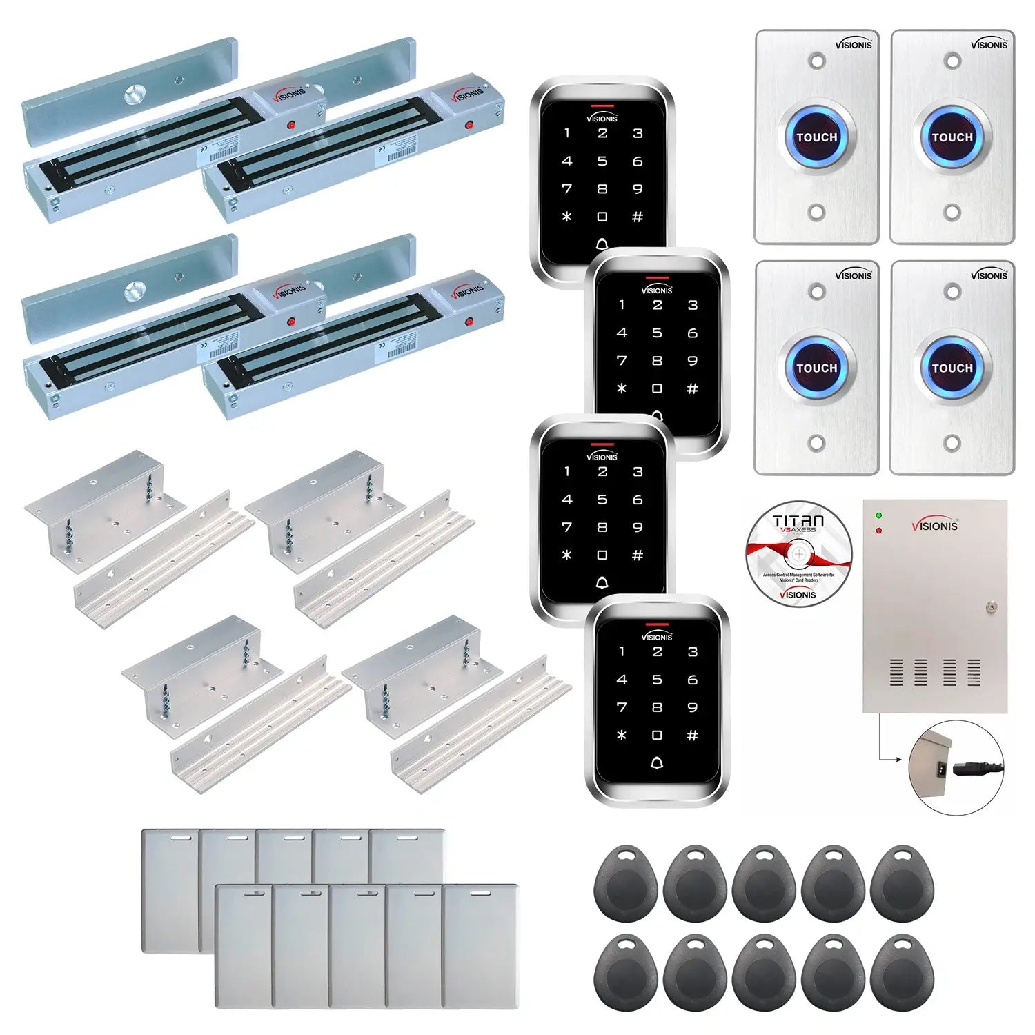 Office access control system with 600 lbs Magnetic Door Locks, Software, push to exit button and controller - FPC-7945