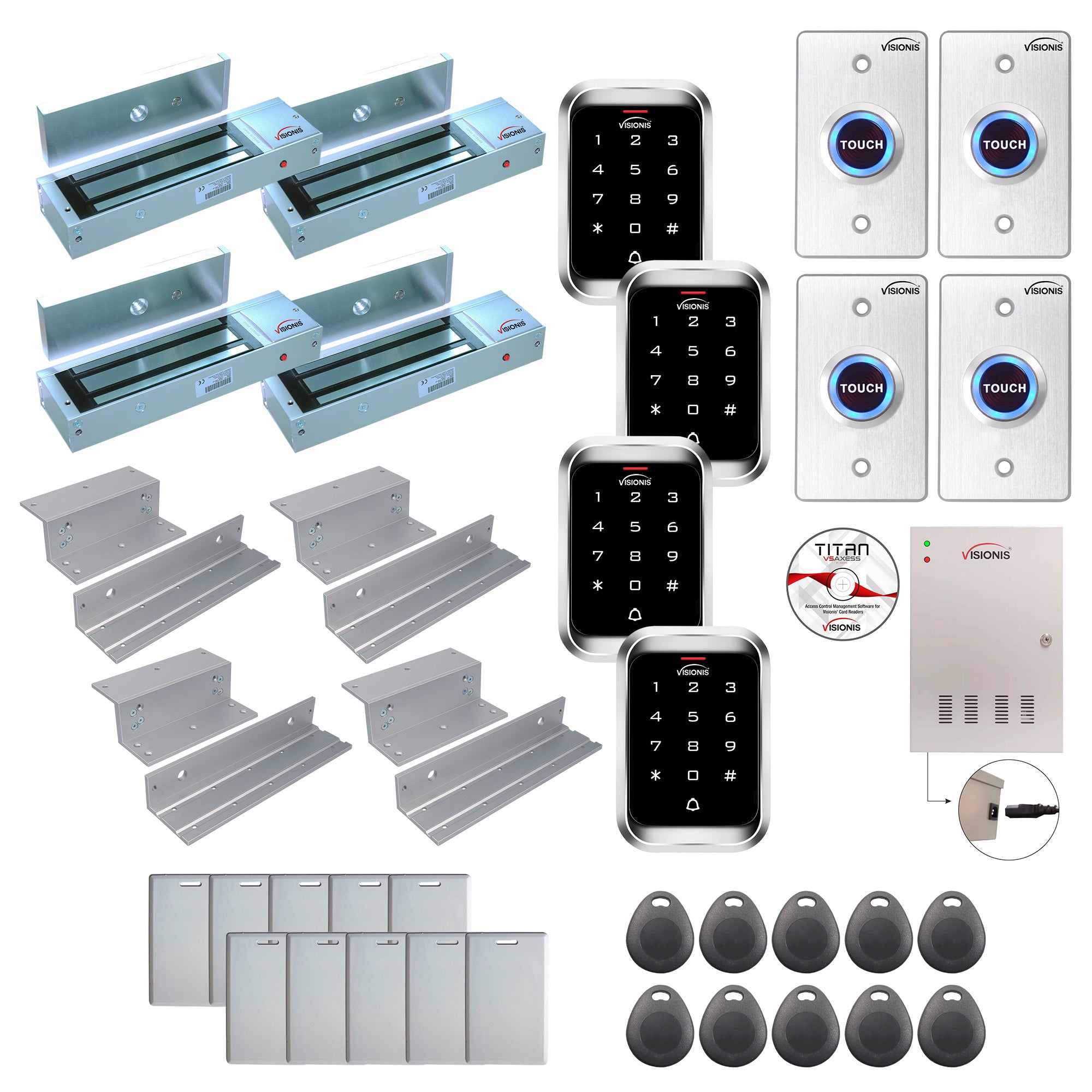 FPC-7946 4 Doors Access Control Inswinging Door 1200lbs Mag Lock Time Attendance TCP/IP Wiegand Controller Box, Outdoor Weatherproof Keypad/Reader, EM Compatible, Software Included, 20000 Users Kit