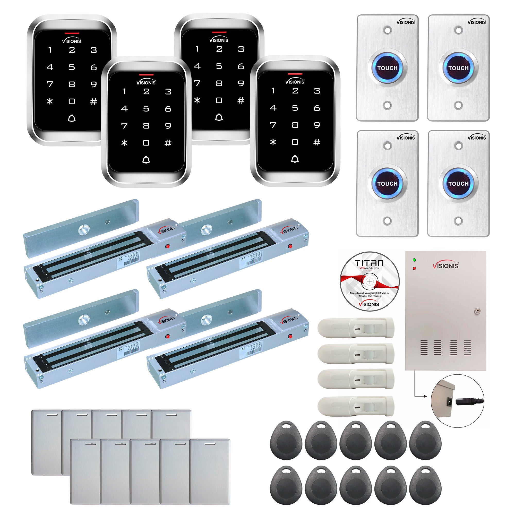 FPC-7948 Four Doors Access Control Outswinging Door 600lbs Magnetic Lock Time Attendance TCP/IP Wiegand Controller Box, Outdoor Keypad/Reader, EM Compatible, Software Included, 20000 Users, PIR Kit