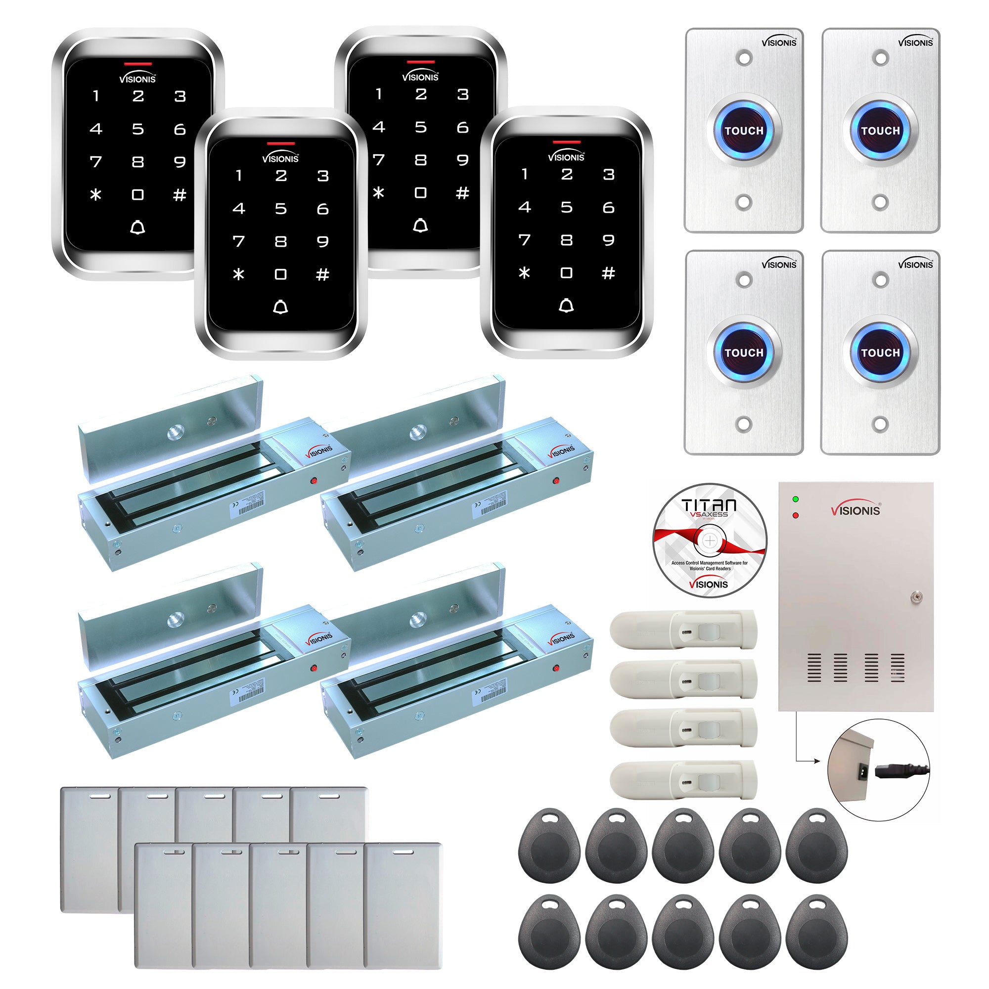 FPC-7949 Four Doors Access Control Outswinging Door 1200lbs Magnetic Lock Time Attendance TCP/IP Wiegand Controller Box, Outdoor Keypad/Reader, EM Compatible, Software Included, 20000 User, PIR Kit