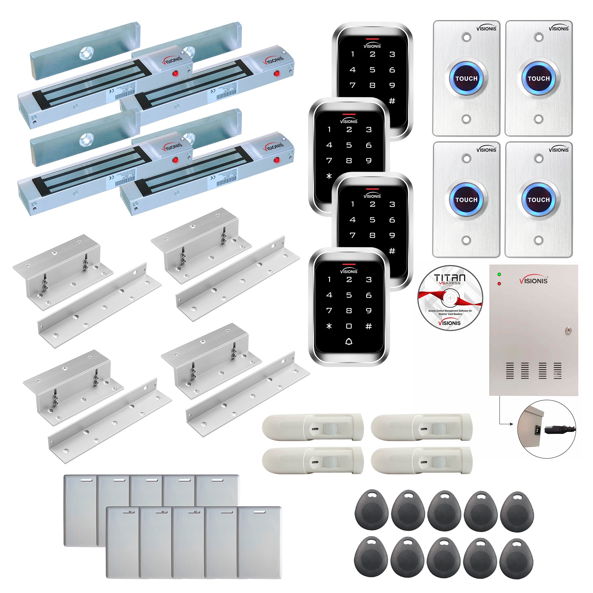 FPC-7950 4 Doors Access Control Inswinging Door 300lb Mag Lock Time Attendance TCP/IP Wiegand Controller Box, Outdoor Weatherproof Keypad/Reader, EM Compatible, Software Included, 20000 Users, PIR