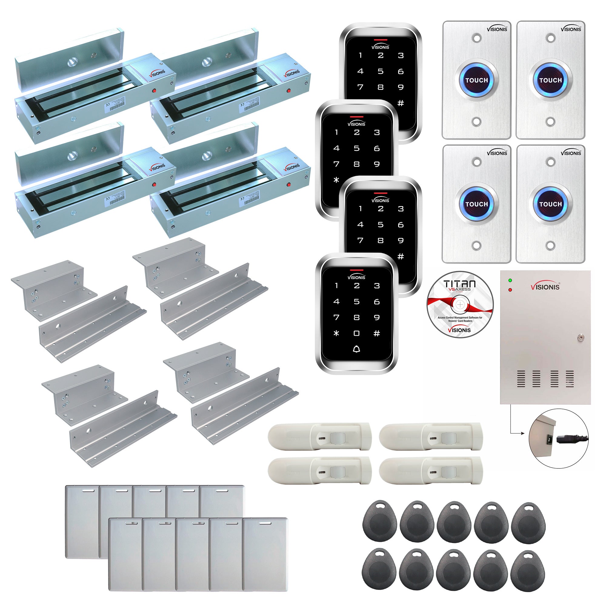 FPC-7952 Four Doors Access Control Inswinging Door 1200lbs Magnetic Lock Time Attendance TCP/IP Wiegand Controller Box, Outdoor Keypad/Reader, EM Compatible, Software Included, 20000 Users, PIR Kit