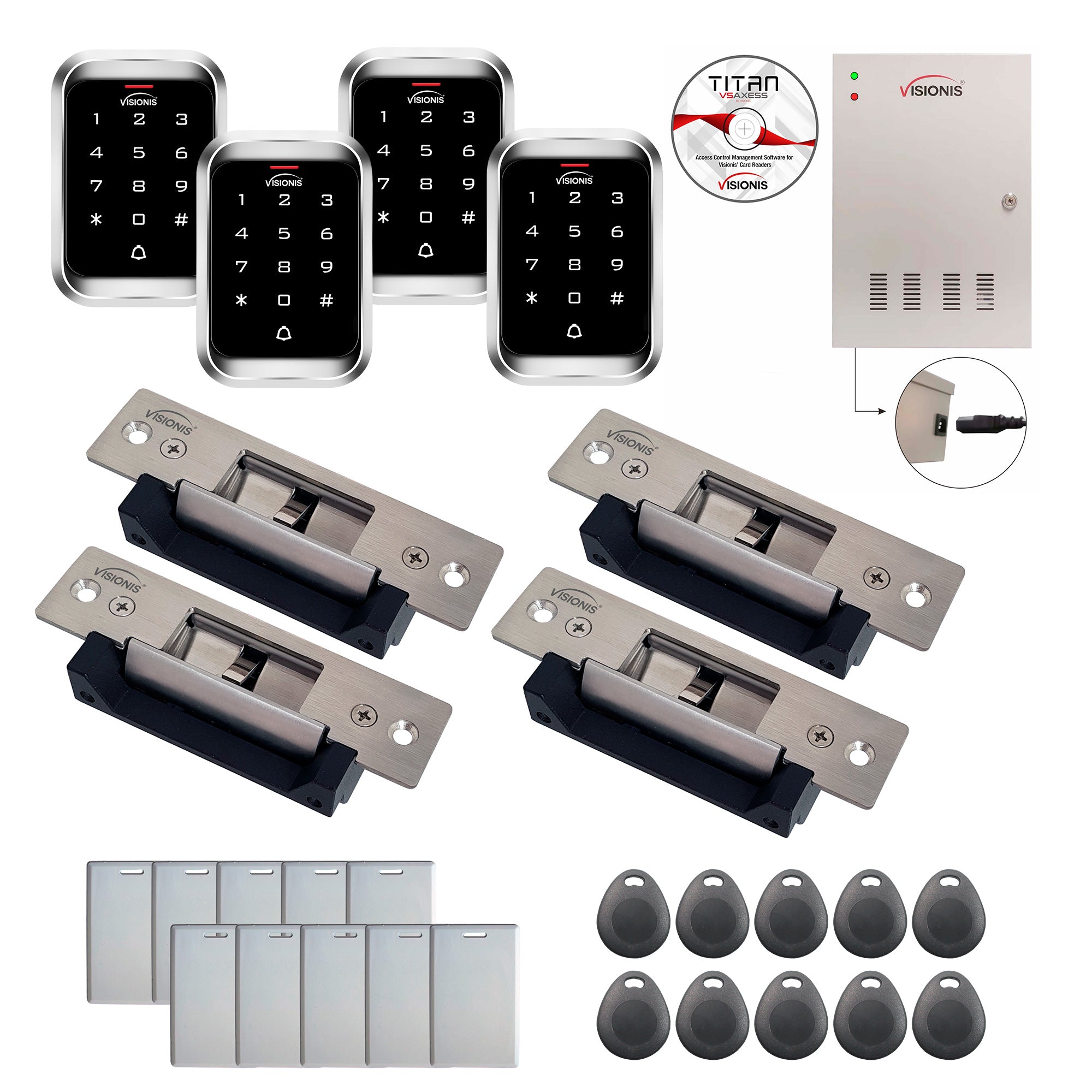 FPC-7954 4 Doors Access Control Electric Strike Fail Safe / Fail Secure Time Attendance TCP/IP Wiegand Controller Box, Weatherproof Keypad/Reader, EM Compatible, Software Included, 20000 Users Kit