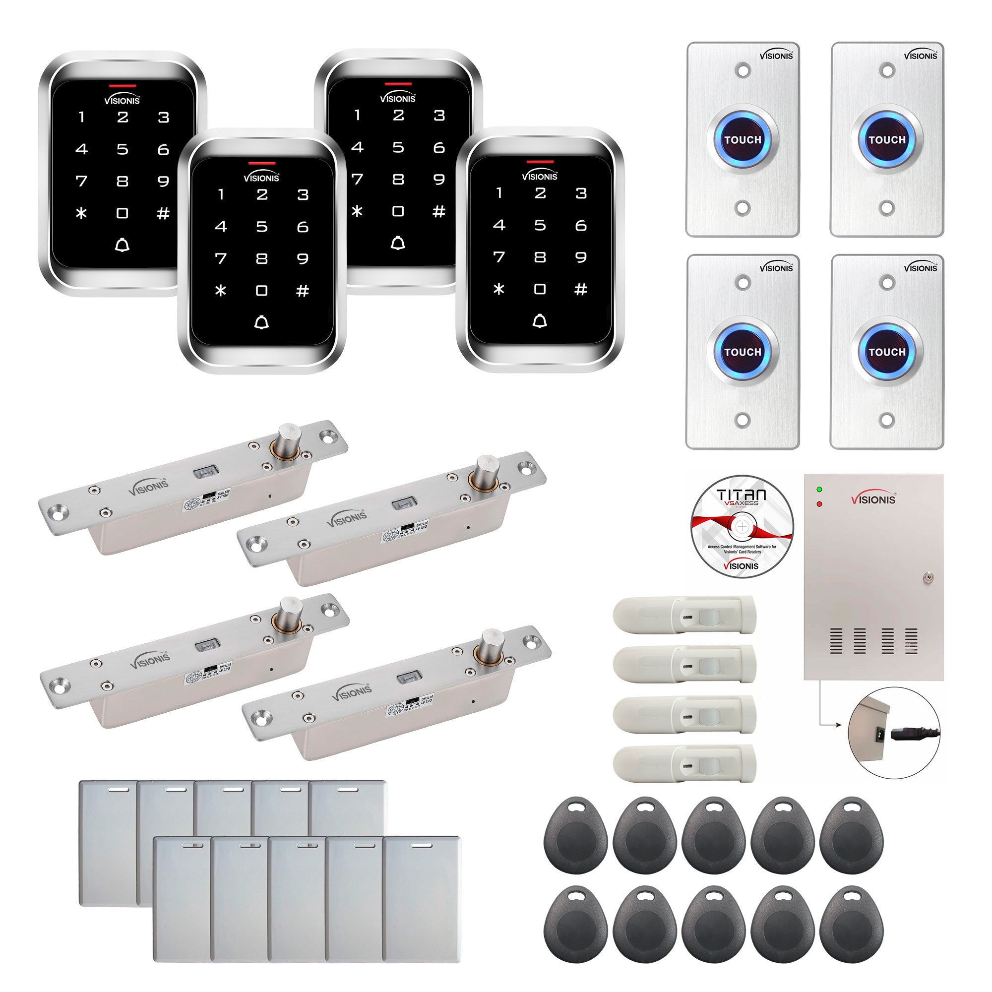 FPC-7955 Four Doors Access Control Electric Drop Bolt Fail Secure Time Attendance TCP/IP Wiegand Controller Box, Weatherproof Keypad/Reader, EM Compatible, Software Included, 20000 Users, PIR Kit