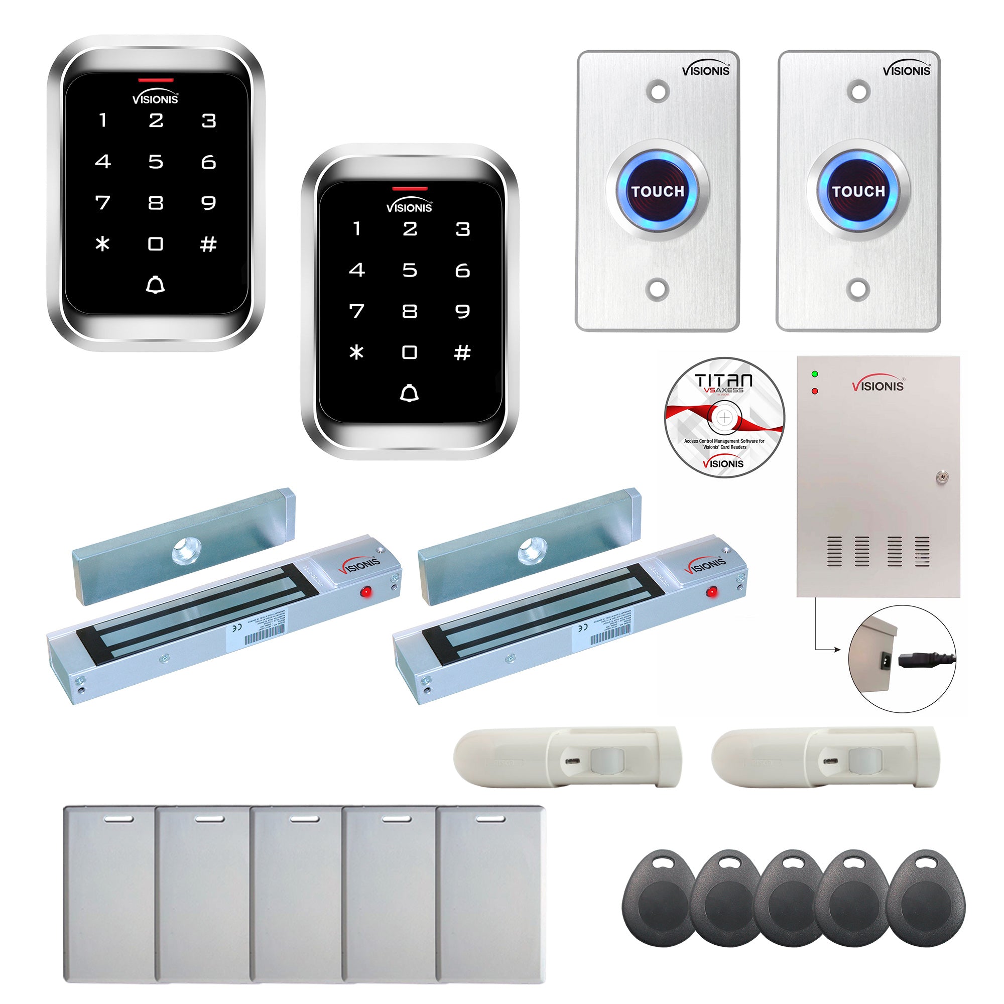 Badge access control system with 300 lbs Maglocks, Software, push to exit button and controller - FPC-7963