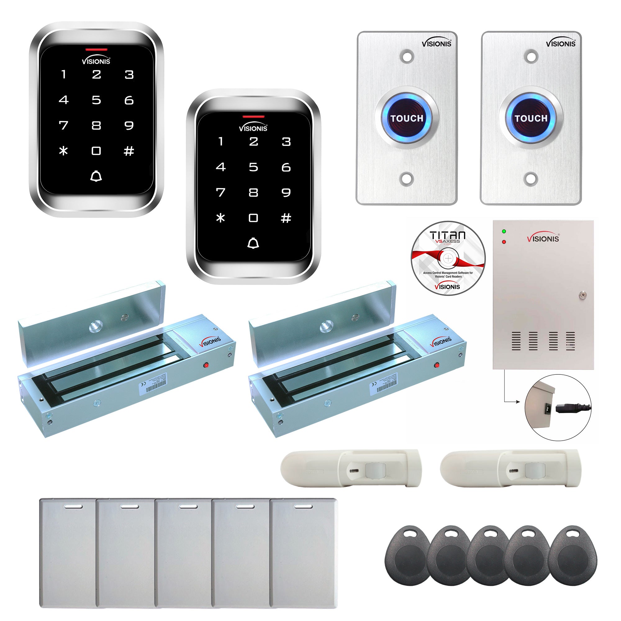 FPC-7965 2 Doors Professional Access Control For Outswing Door Electric Lock 1200lb Time Attendance TCP/IP RS485 Wiegand Controller, Outdoor Keypad/Reader, 20000 Users, 70000 Records, Motion Detector