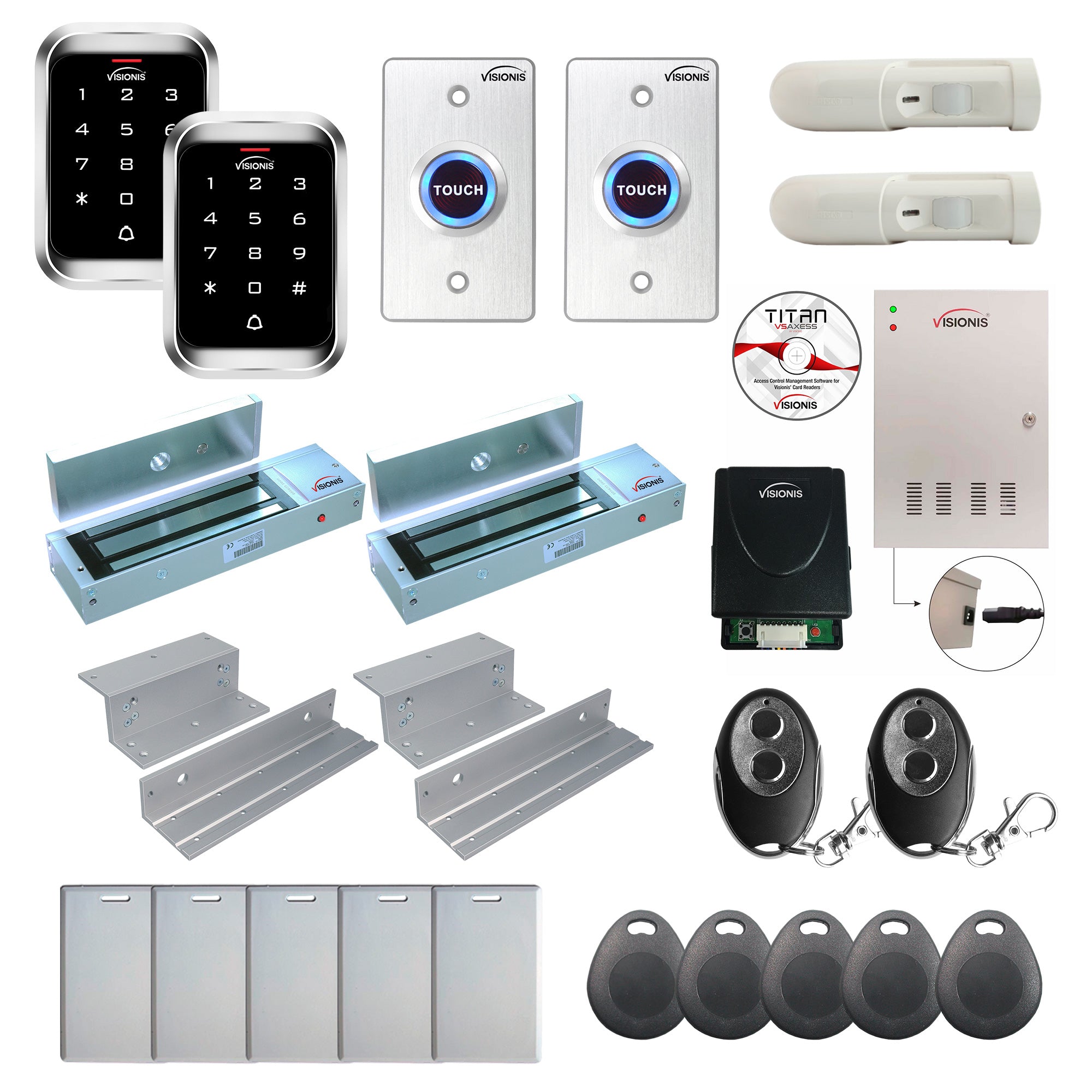 FPC-7974 Two Doors Professional Access Control Electric Lock For Inswinging Door 1200lbs TCP/IP Wiegand Controller Box, Outdoor Keypad / Reader, Software, 20,000 Users, 70,000 Records, Receiver, PIR