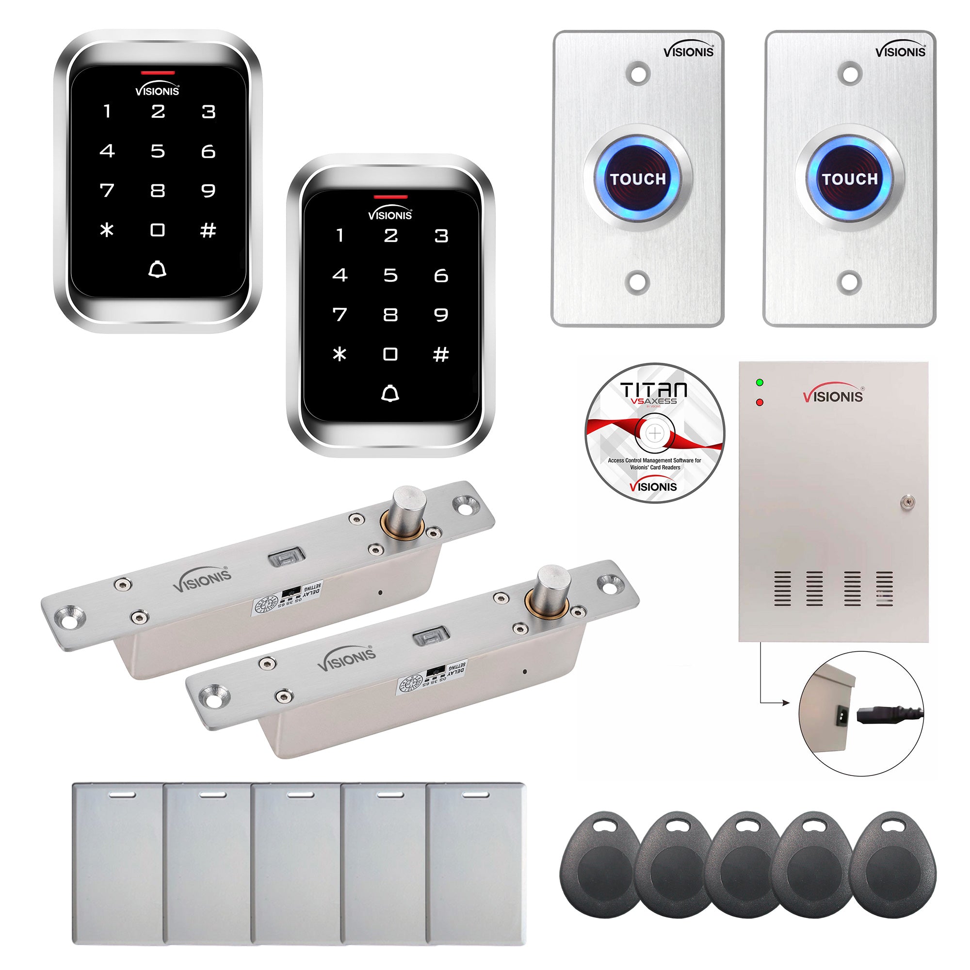 FPC-7975 Two Doors Professional Access Control Electric Drop Bolt Fail Secure TCP/IP Wiegand Controller Box, Power Supply, Outdoor Keypad / Reader, Software Included, 20,000 Users, 70,000 Records Kit