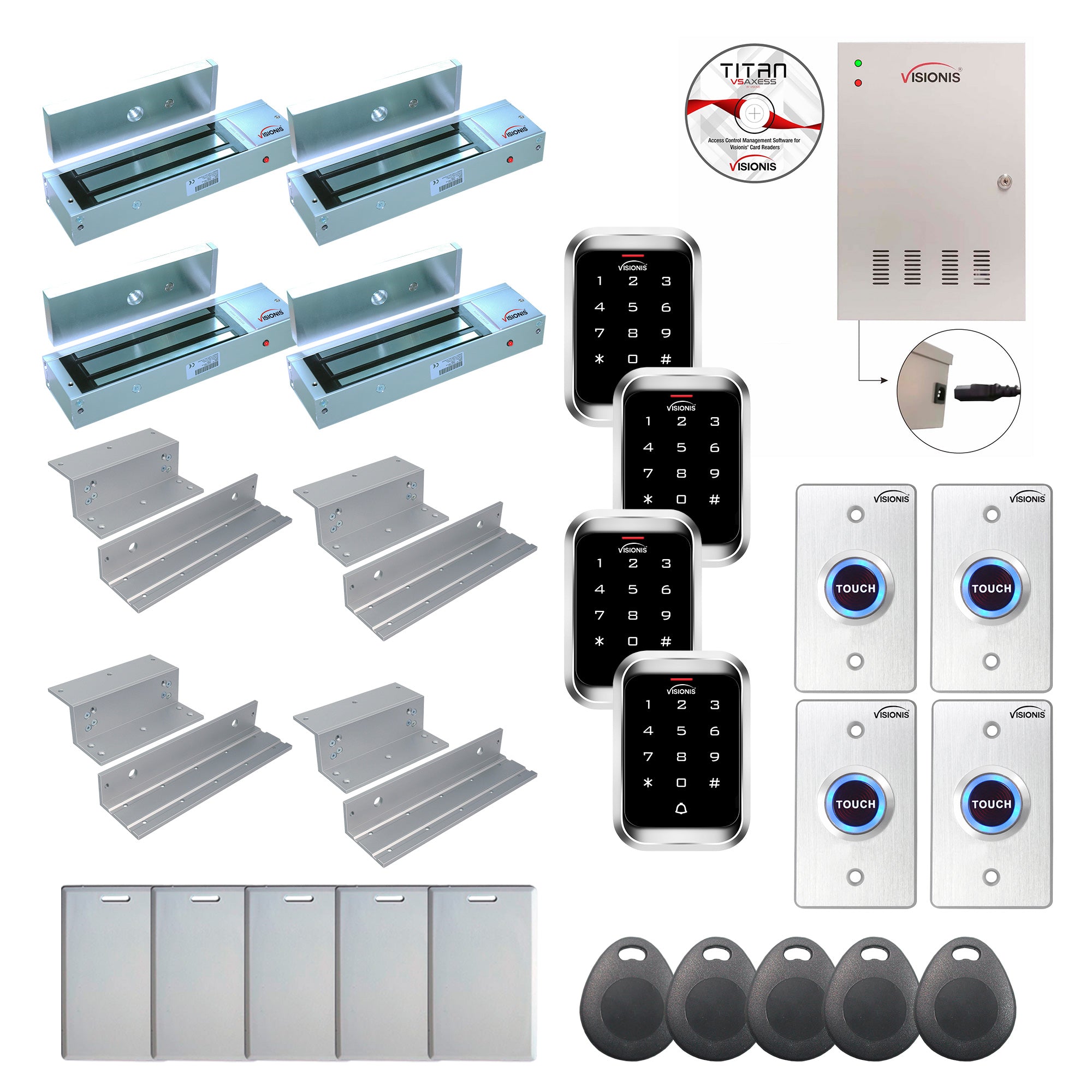 FPC-7986 4 Doors Professional Access Control Inswinging Door 1200lbs Mag Lock Time Attendance TCP/IP Wiegand Controller Box, Outdoor Weatherproof Keypad/Reader, Software, 20,000 Users, 70,000 Records