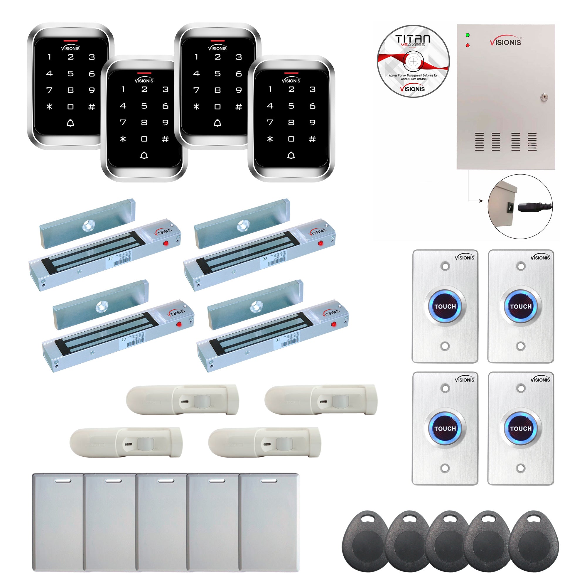 FPC-7987 4 Door Professional Access Control Outswinging Door 300lbs Mag Lock Time Attendance TCP/IP Wiegand Controller Box, Outdoor Keypad / Reader, Software, 20,000 Users, 70,000 Records, PIR Kit