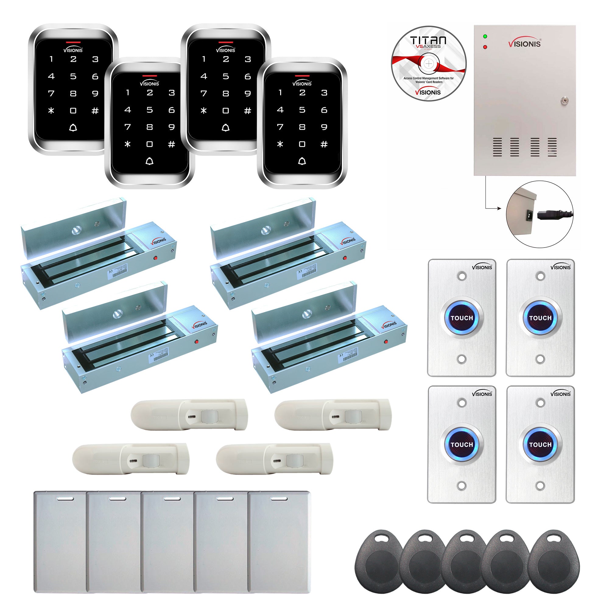 FPC-7989 4 Door Professional Access Control Outswinging Door 1200lbs Mag Lock Time Attendance TCP/IP Wiegand Controller Box, Outdoor Keypad / Reader, Software, 20,000 Users, 70,000 Records, PIR Kit