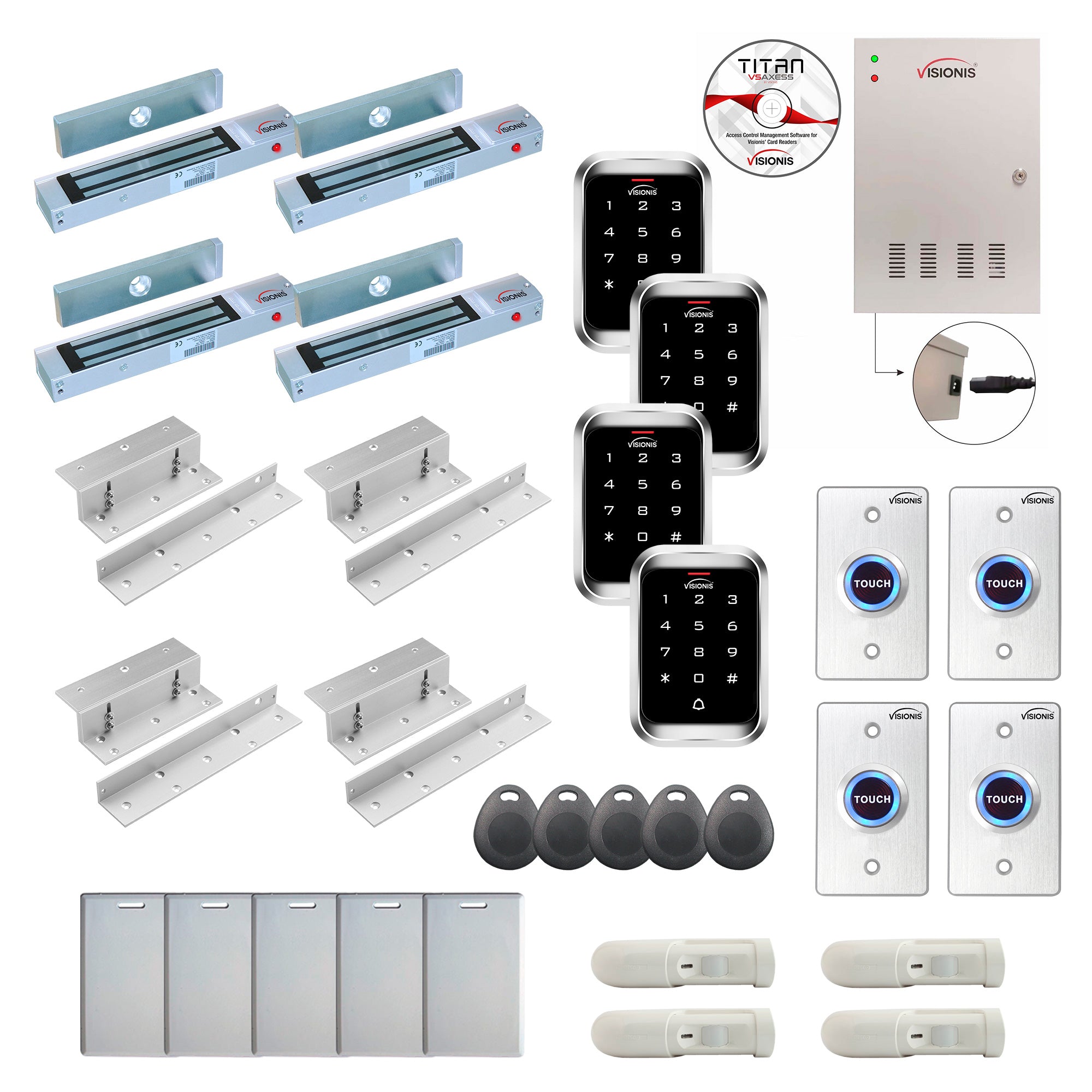 FPC-7990 4 Door Professional Access Control Inswinging Door 300lbs Mag Lock Time Attendance TCP/IP Wiegand Controller Box, Weatherproof Keypad/Reader, Software, 20,000 Users, 70,000 Records, PIR Kit