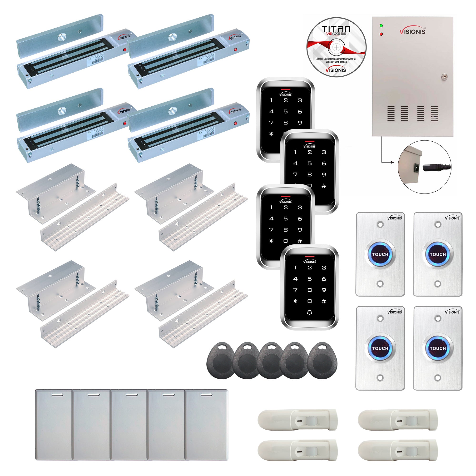 FPC-7991 4 Door Professional Access Control Inswinging Door 600lbs Mag Lock Time Attendance TCP/IP Wiegand Controller Box, Weatherproof Keypad/Reader, Software, 20,000 Users, 70,000 Records, PIR Kit