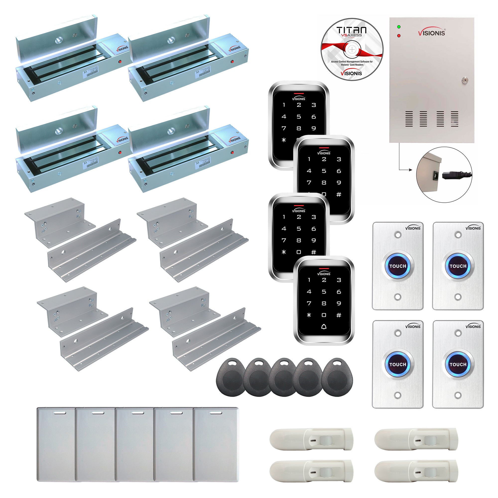 FPC-7992 4 Door Professional Access Control Inswinging Door 1200lbs Mag Lock Time Attendance TCP/IP Wiegand Controller Box, Weatherproof Keypad/Reader, Software, 20,000 Users, 70,000 Records, PIR Kit