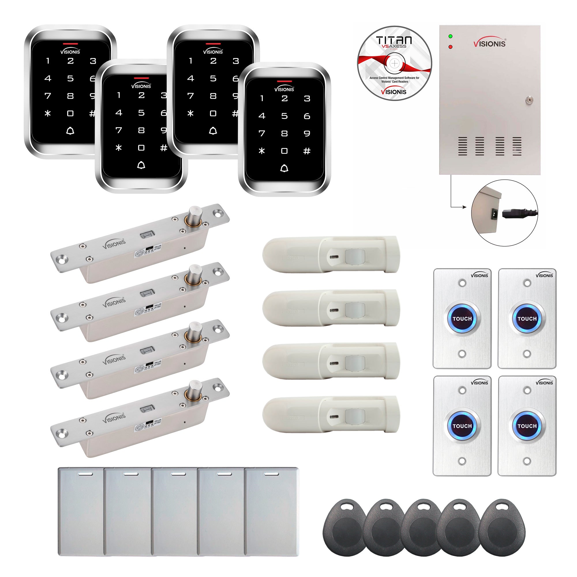 FPC-7995 Four Doors Professional Access Control Electric Drop Bolt Fail Secure Time Attendance TCP/IP Wiegand Controller Box, Outdoor Keypad/Reader, Software, 20,000 Users, 70,000 Records, PIR Kit