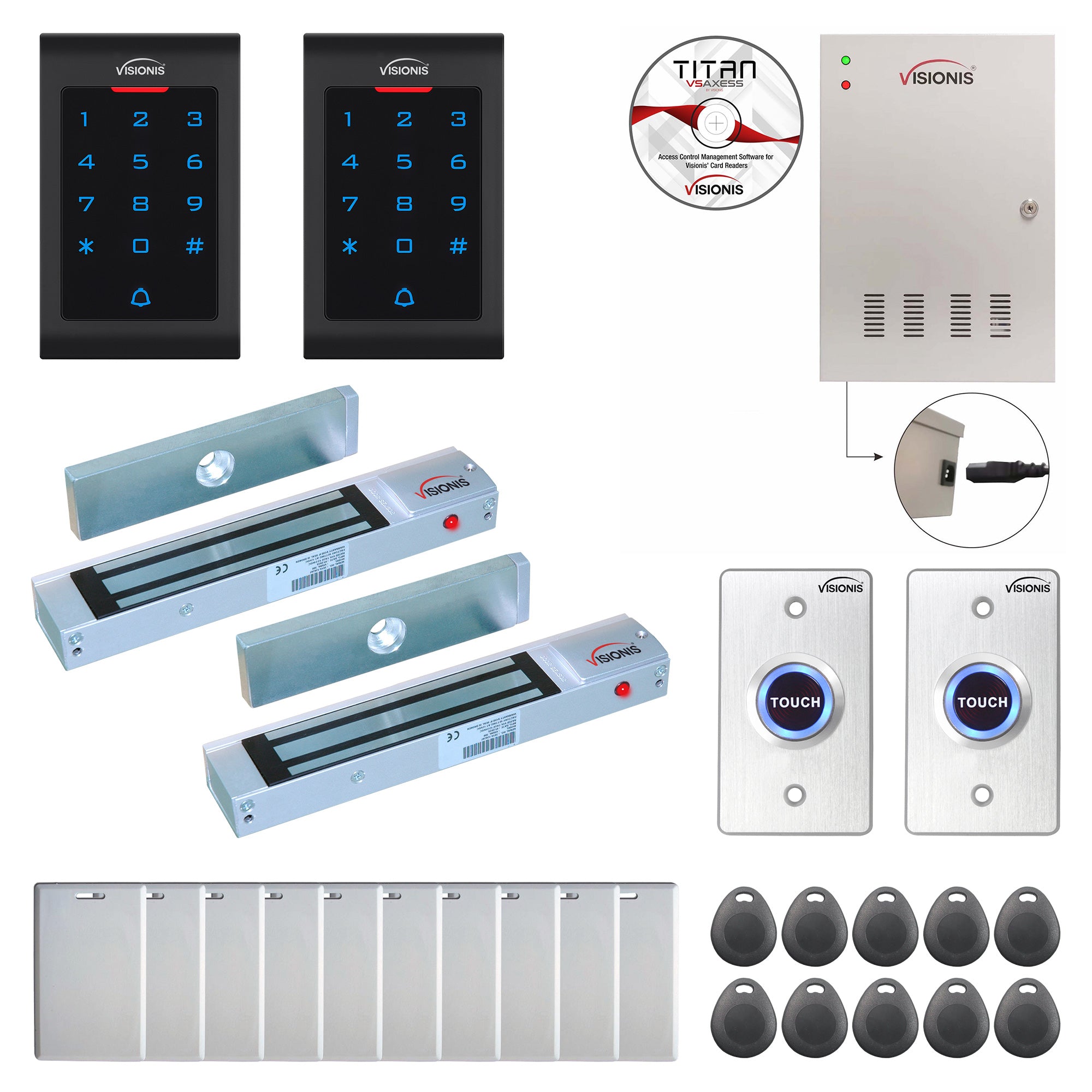 Visionis FPC-8021 2 Doors Access Control Outswinging Door 300lbs Mag Lock Time Attendance TCP/IP Wiegand Controller Box, Power Supply, Indoor Use Only Keypad/Reader, Software Included, 20000 Users