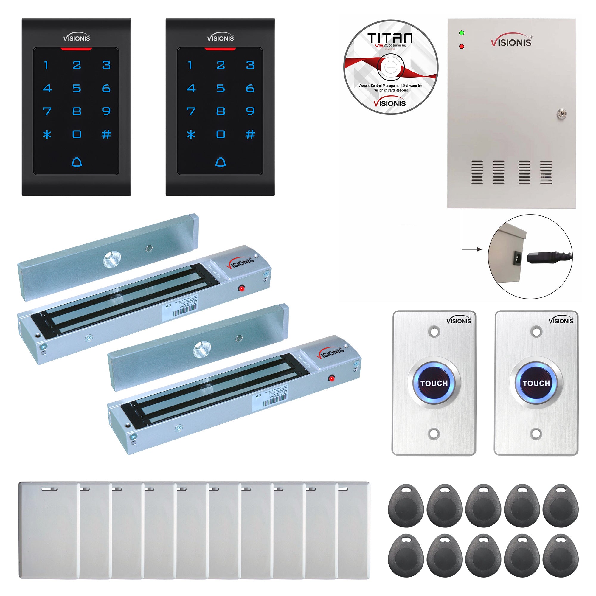 Visionis FPC-8022 2 Doors Access Control Outswinging Door 600lbs Mag Lock Time Attendance TCP/IP Wiegand Controller Box, Power Supply, Indoor Use Only Keypad/Reader, Software Included, 20000 Users Kit