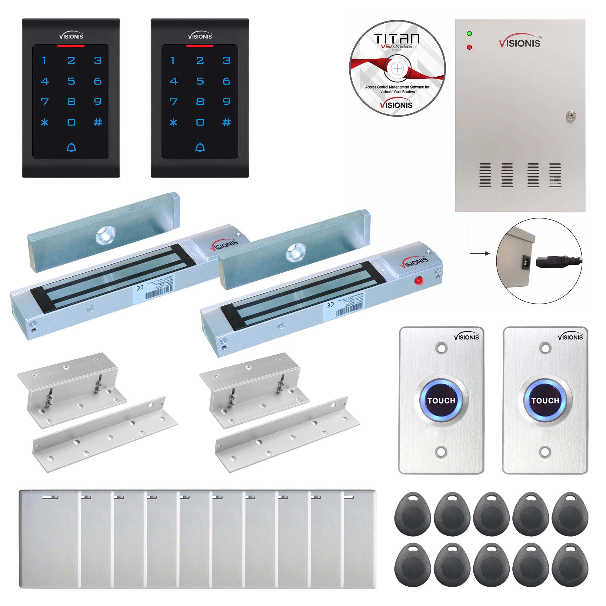 Visionis FPC-8024 2 Doors Access Control Inswinging Door 300lbs Maglock Time Attendance TCP/IP Wiegand Controller Box, Power Supply, Indoor Use Only Keypad/Reader, Software Included, 20000 Users Kit