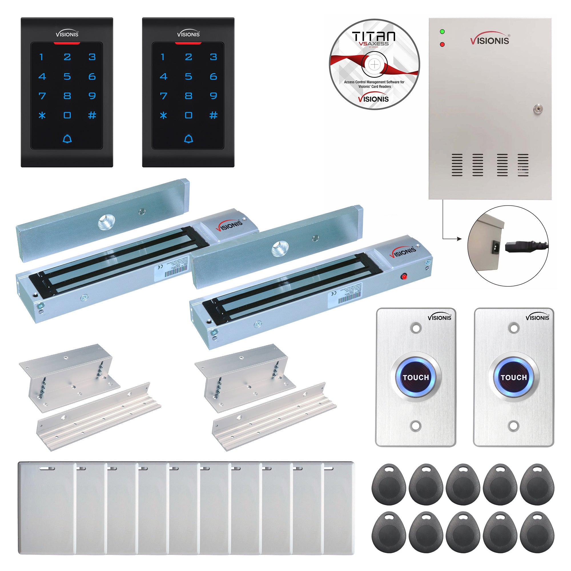 Visionis FPC-8025 2 Doors Access Control Inswinging Door 600lbs Maglock Time Attendance TCP/IP Wiegand Controller Box, Power Supply, Indoor Use Only Keypad/Reader, Software Included, 20000 Users Kit