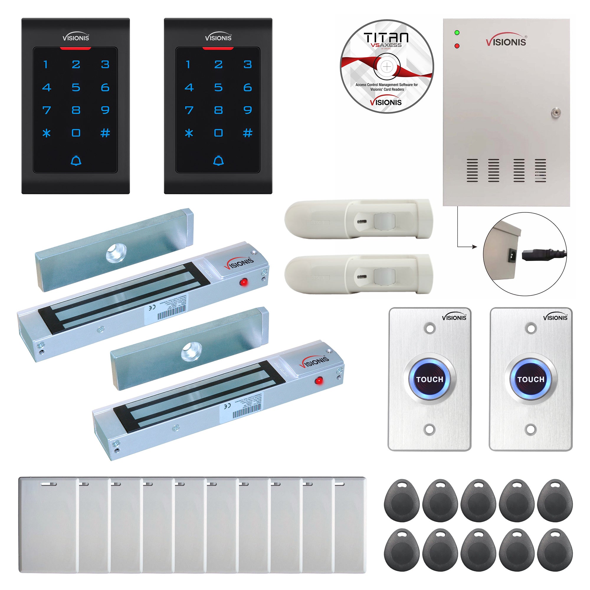 Visionis FPC-8027 Two Doors Access Control Electromagnetic Lock For Outswinging Door 300lbs TCP/IP Wiegand Controller Box, Indoor Use Only Keypad/Reader, Software Included 20000 User, With PIR Kit