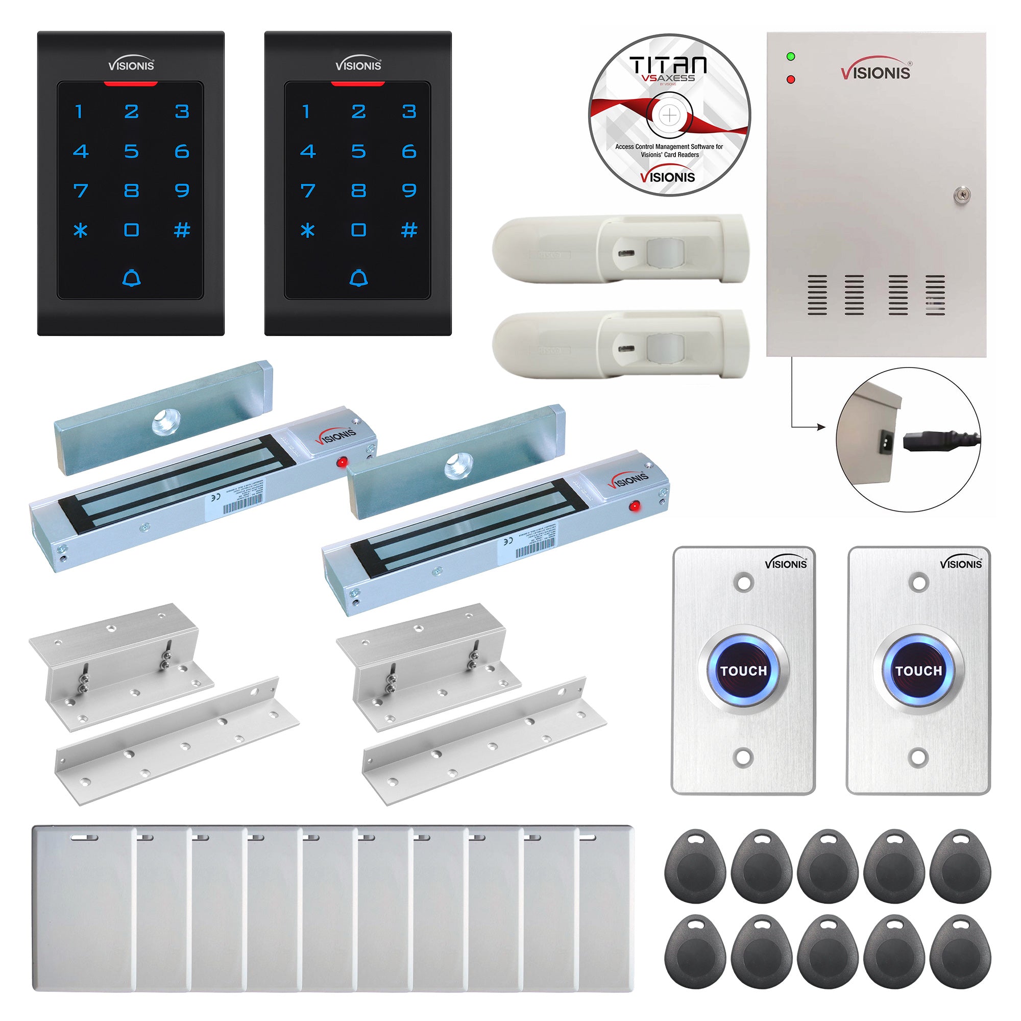 Visionis FPC-8030 Two Doors Access Control Electromagnetic Lock For Inswinging Door 300lbs TCP/IP Wiegand Controller Box, Indoor Use Only Keypad/Reader, Software Included 20000 User, With PIR Kit