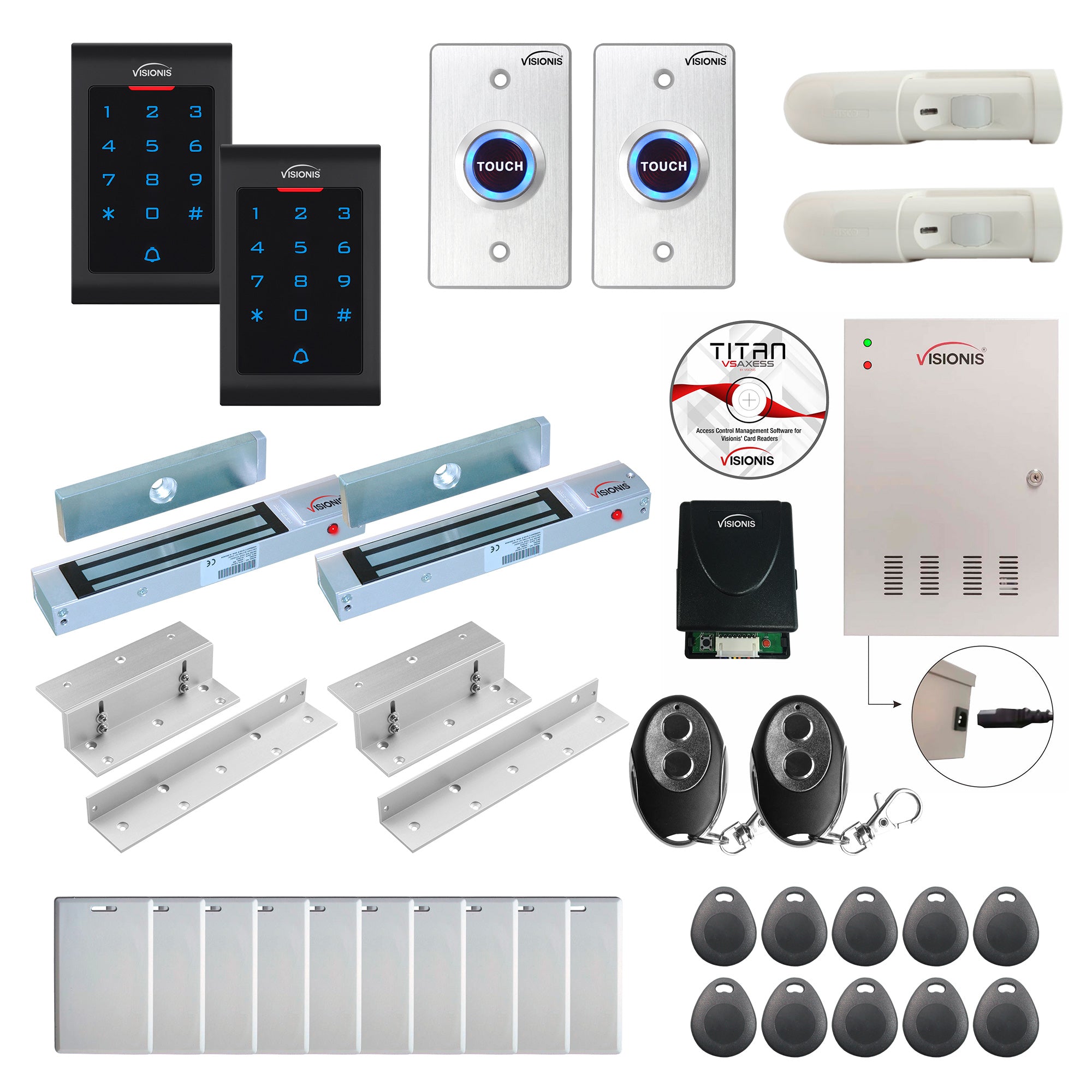 Visionis FPC-8036 2 Doors Access Control Electromagnetic Lock For Inswinging Door 300lbs TCP/IP Wiegand Controller Box, Indoor Use Only Keypad/Reader, Software Included, 20000 User, Receiver, PIR Kit