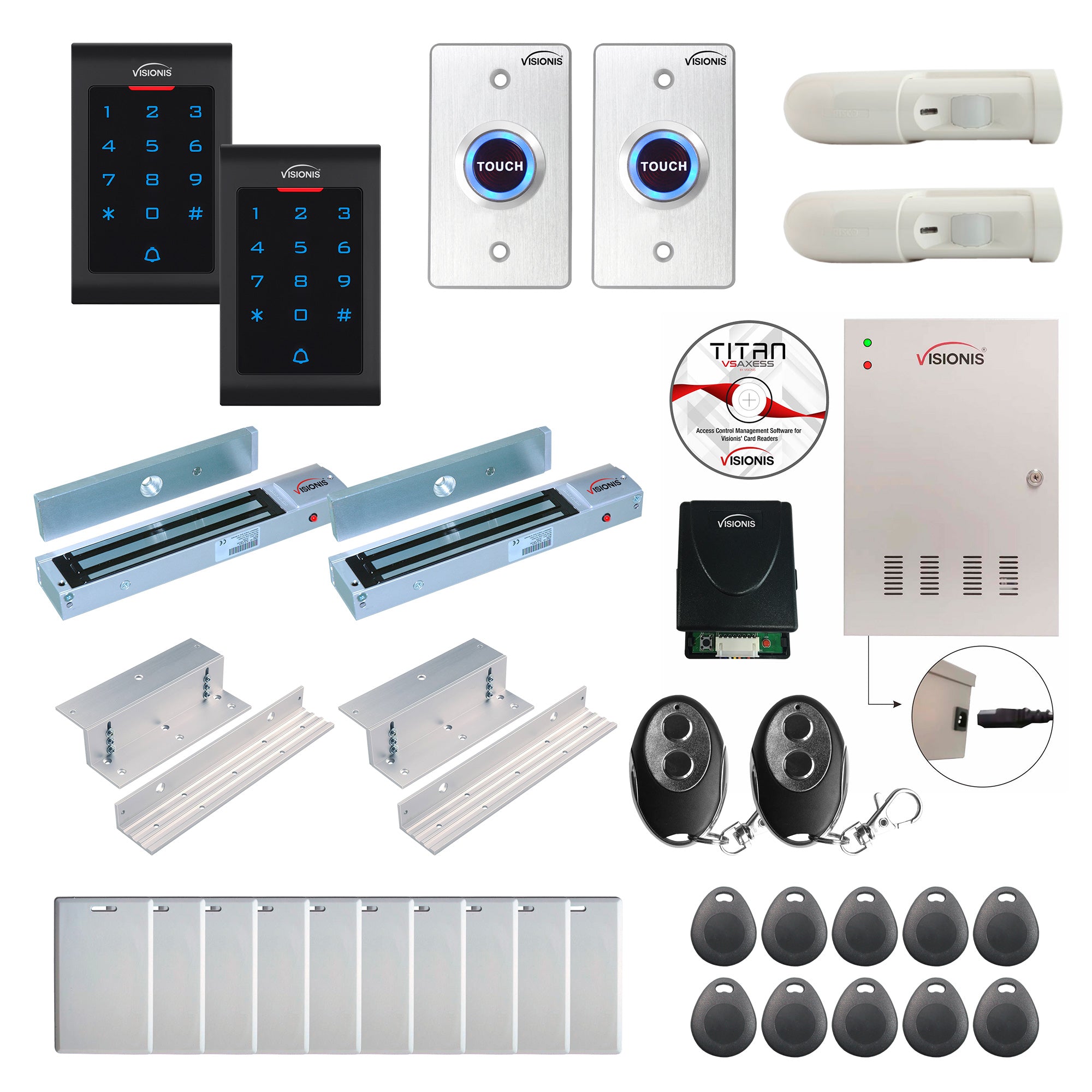 Visionis FPC-8037 2 Doors Access Control Electromagnetic Lock For Inswinging Door 600lbs TCP/IP Wiegand Controller Box, Indoor Use Only Keypad/Reader, Software Included, 20000 User, Receiver, PIR Kit