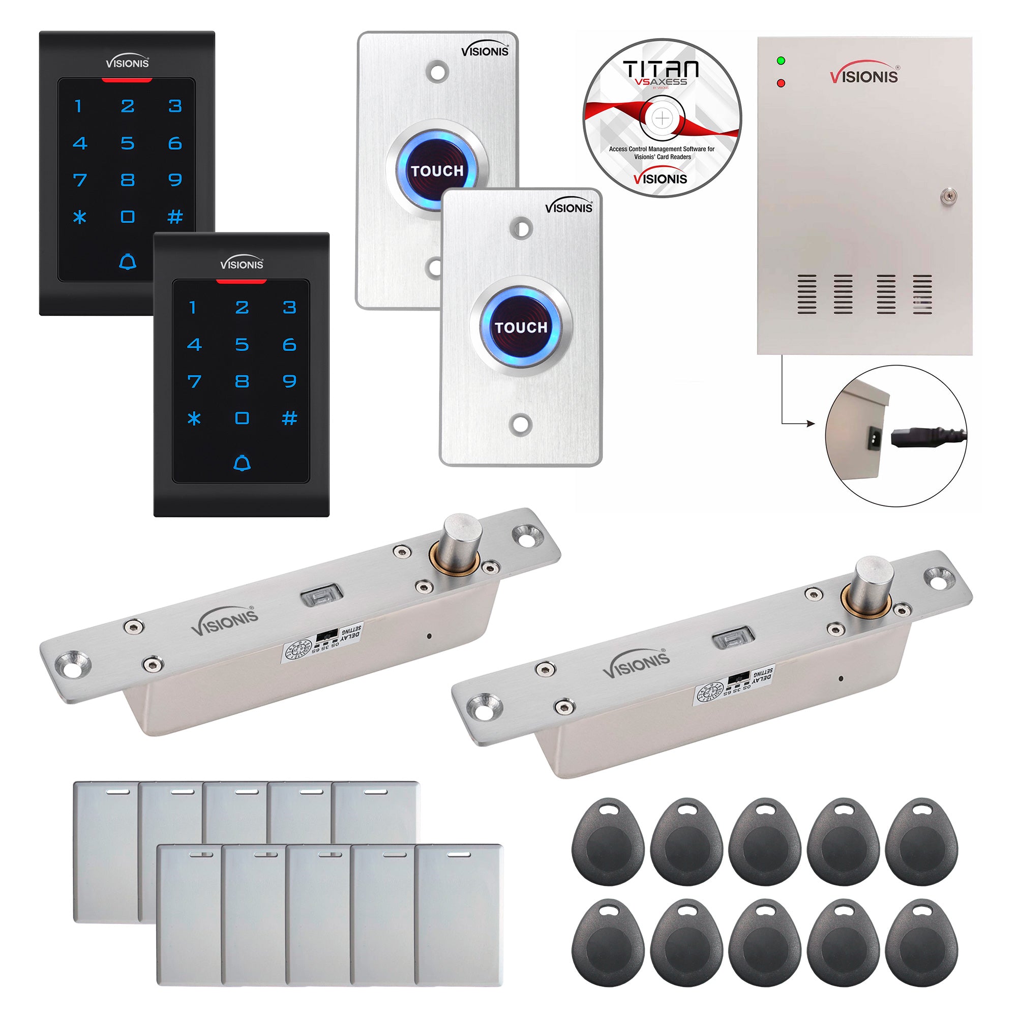 Visionis FPC-8039 Two Doors Access Control Electric Drop Bolt Fail Secure Time Attendance TCP/IP Wiegand Controller Box, Power Supply, Indoor Use Only Keypad/Reader, Software Included, 20000 User Kit