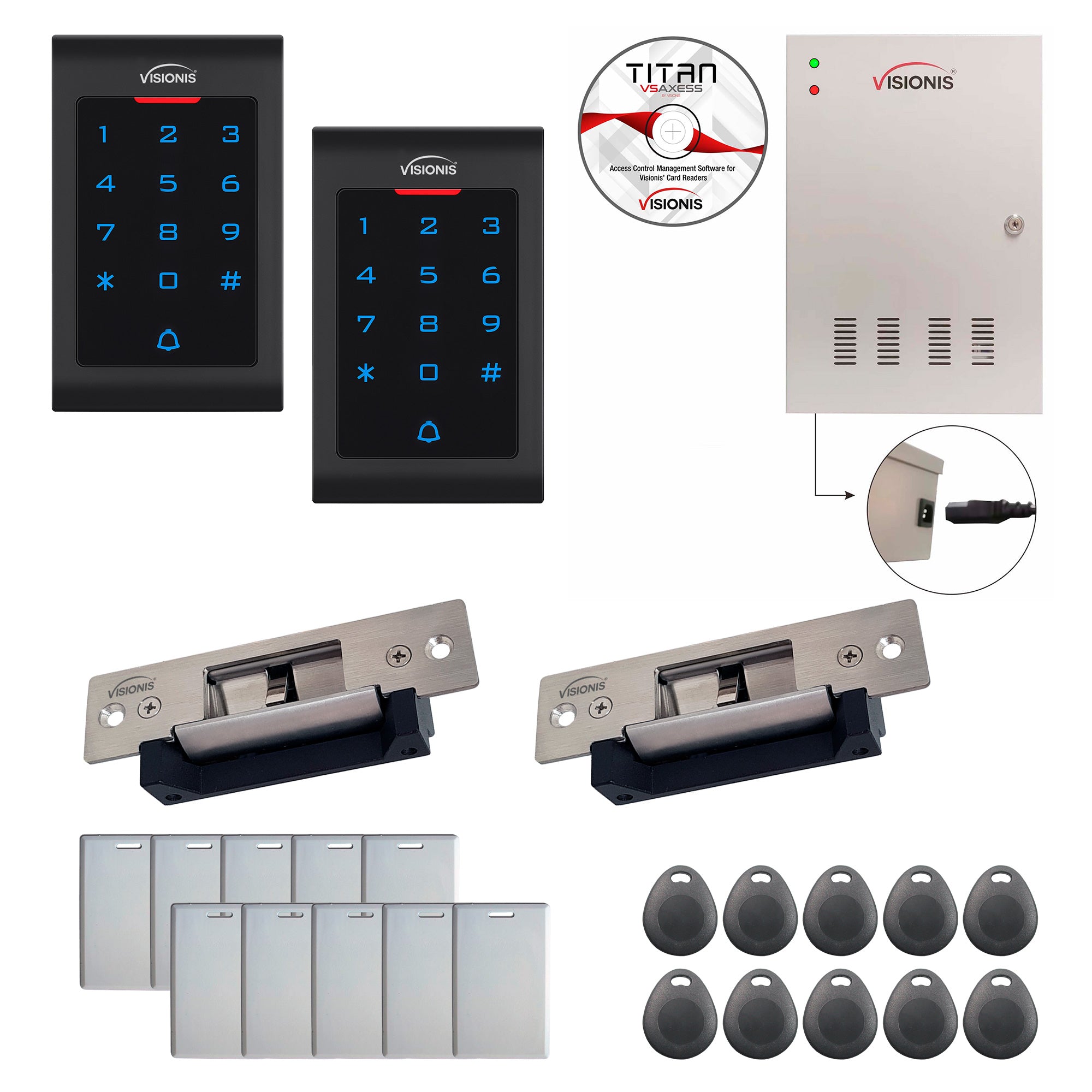 FPC-8040 Two Doors Access Control Electric Strike Fail Safe Fail Secure Time Attendance TCP/IP Wiegand Controller Box, Power Supply, Indoor Use Only Keypad/Reader, Software Included, 20000 User Kit