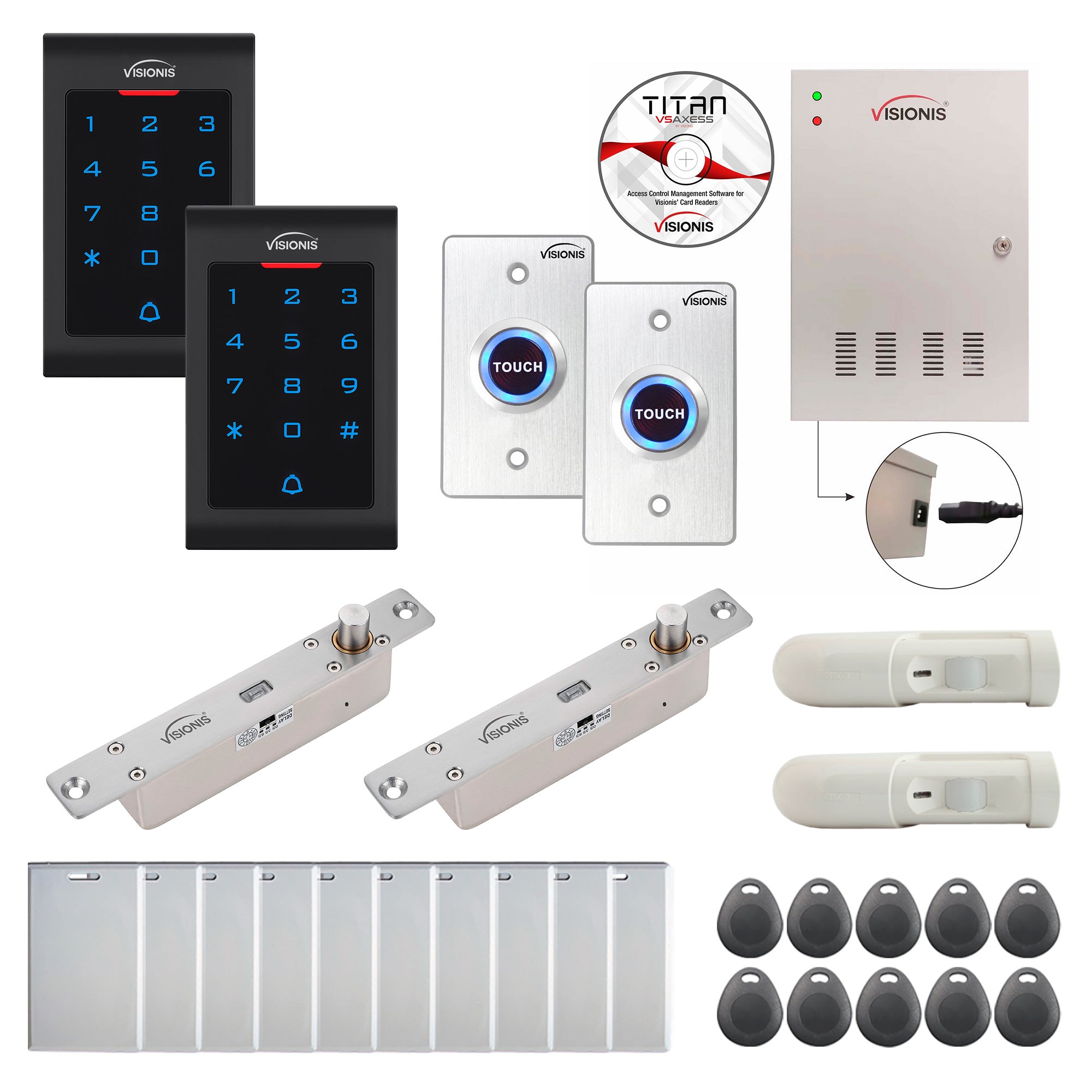 FPC-8041 Two Doors Access Control Electric Drop Bolt Fail Secure Time Attendance TCP/IP Wiegand Controller Box, Power Supply, Indoor Use Only Keypad/Reader, Software Included, 20000 User, With PIR