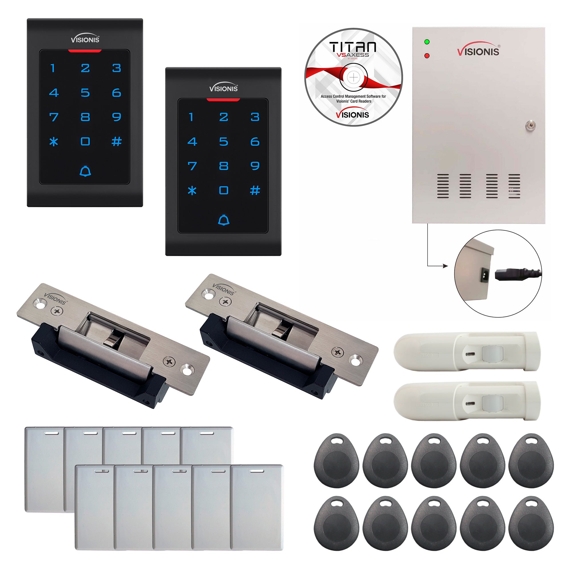 FPC-8042 Two Doors Access Control Electric Strike Fail Safe And Fail Secure, Time Attendance TCP/IP Wiegand Controller Box, Power Supply, Indoor Use Only Keypad/Reader, Software, 20000 User, PIR Kit