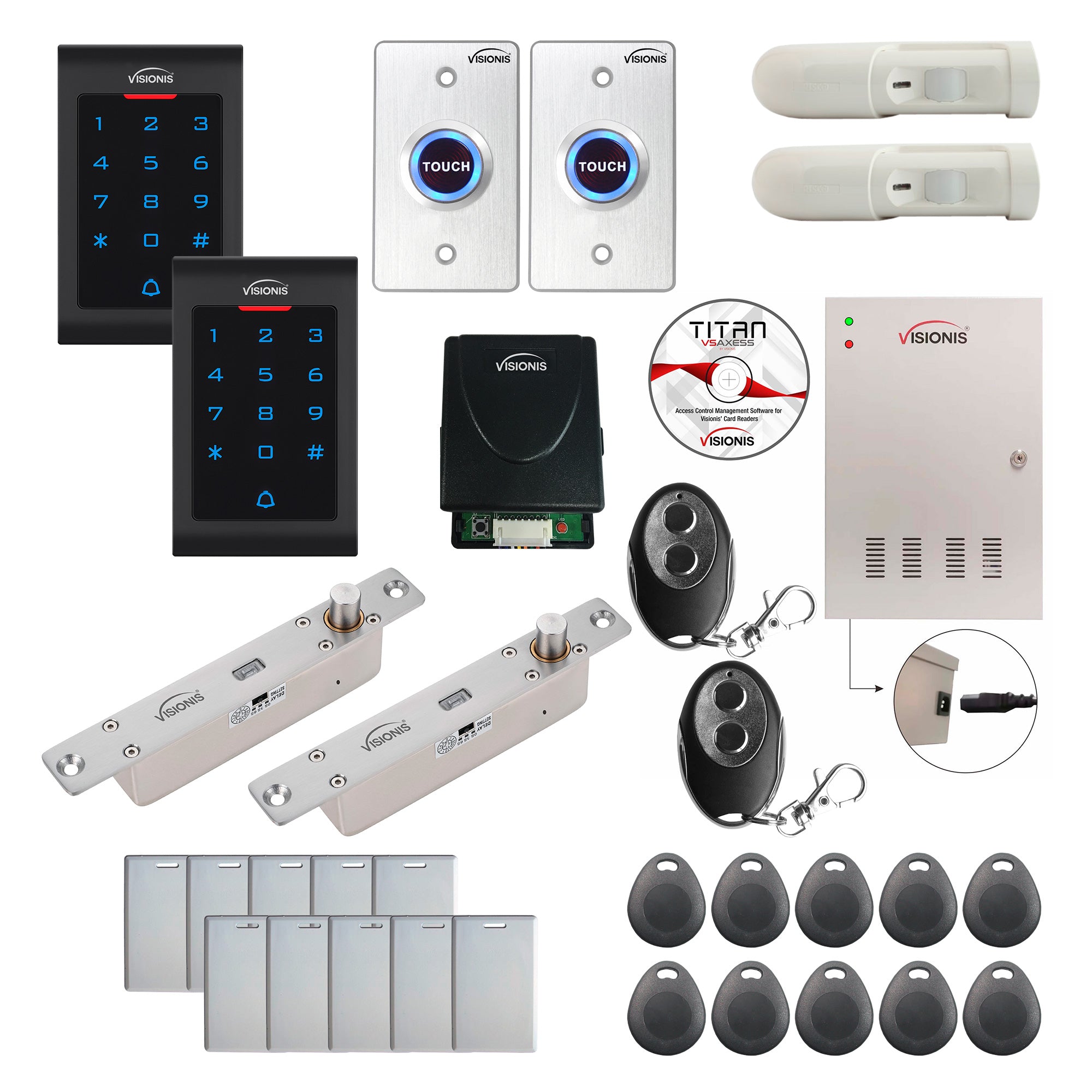 FPC-8043 2 Doors Access Control Electric Drop Bolt Fail Secure Time Attendance TCP/IP Wiegand Controller Box, Indoor Use Only Keypad/Reader, Software Included, 20000 User, Wireless Receiver, PIR Kit