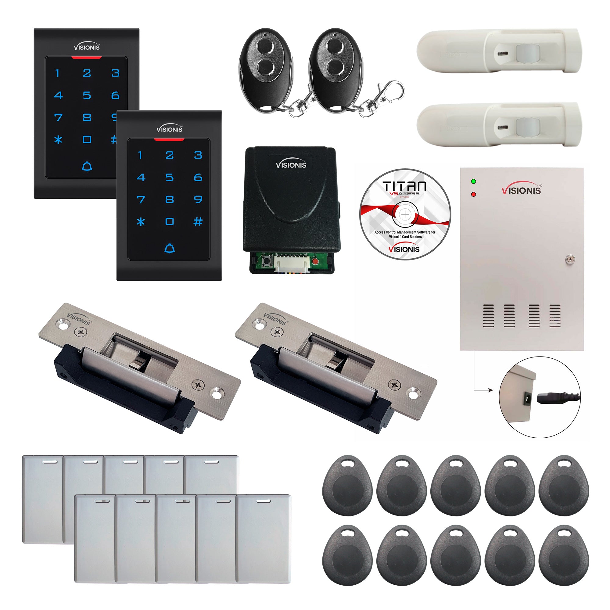 FPC-8044 2 Doors Access Control Electric Strike Fail Safe Fail Secure, Time Attendance TCP/IP Wiegand Controller Box, Indoor Use Only Keypad/Reader, Software, 20000 User, Wireless Receiver, PIR Kit