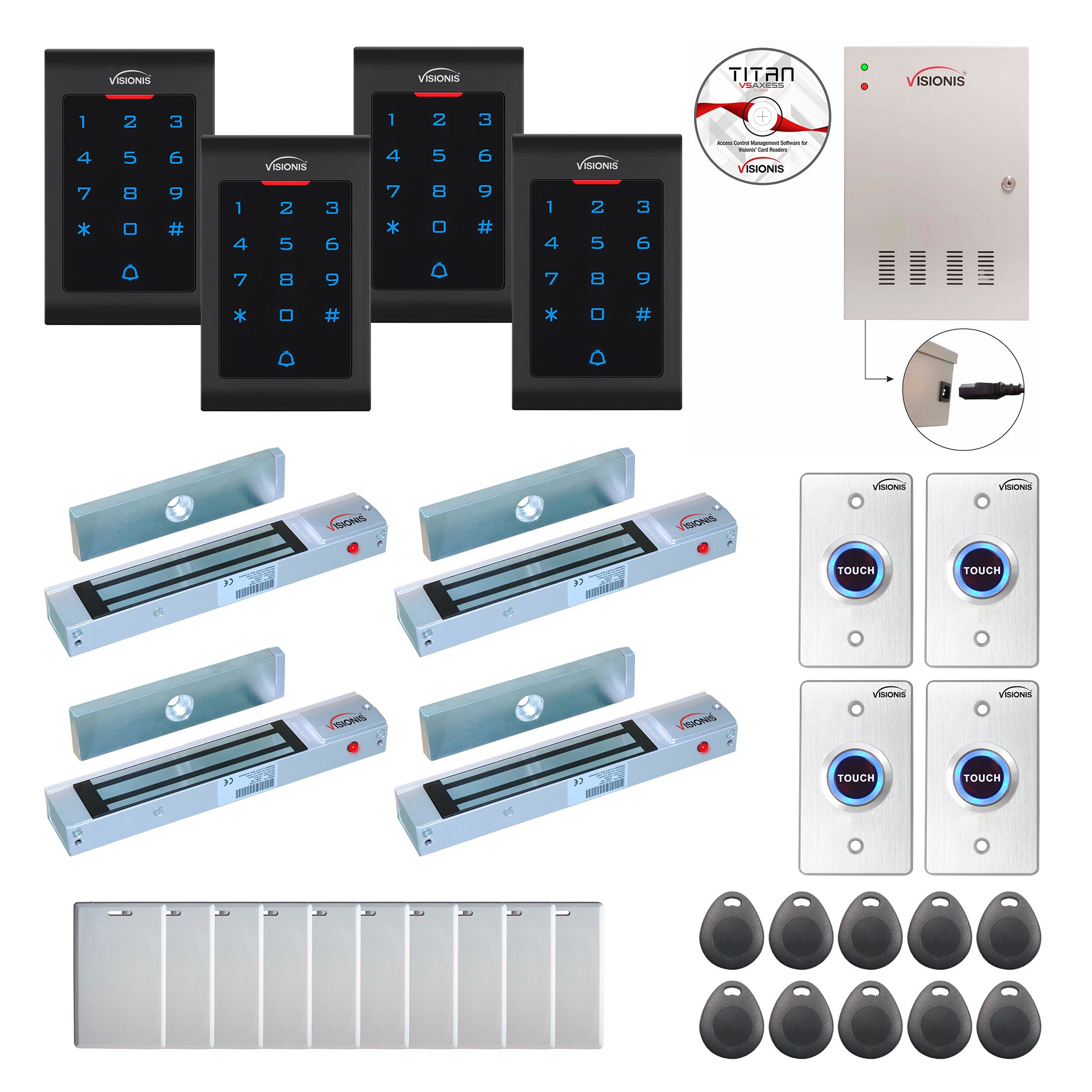 FPC-8045 Four Doors Access Control Outswinging Door 300lbs Mag Lock Time Attendance TCP/IP Wiegand Controller Box + Power Supply, Indoor Use Only Keypad/Reader, Software Included, 20000 Users Kit