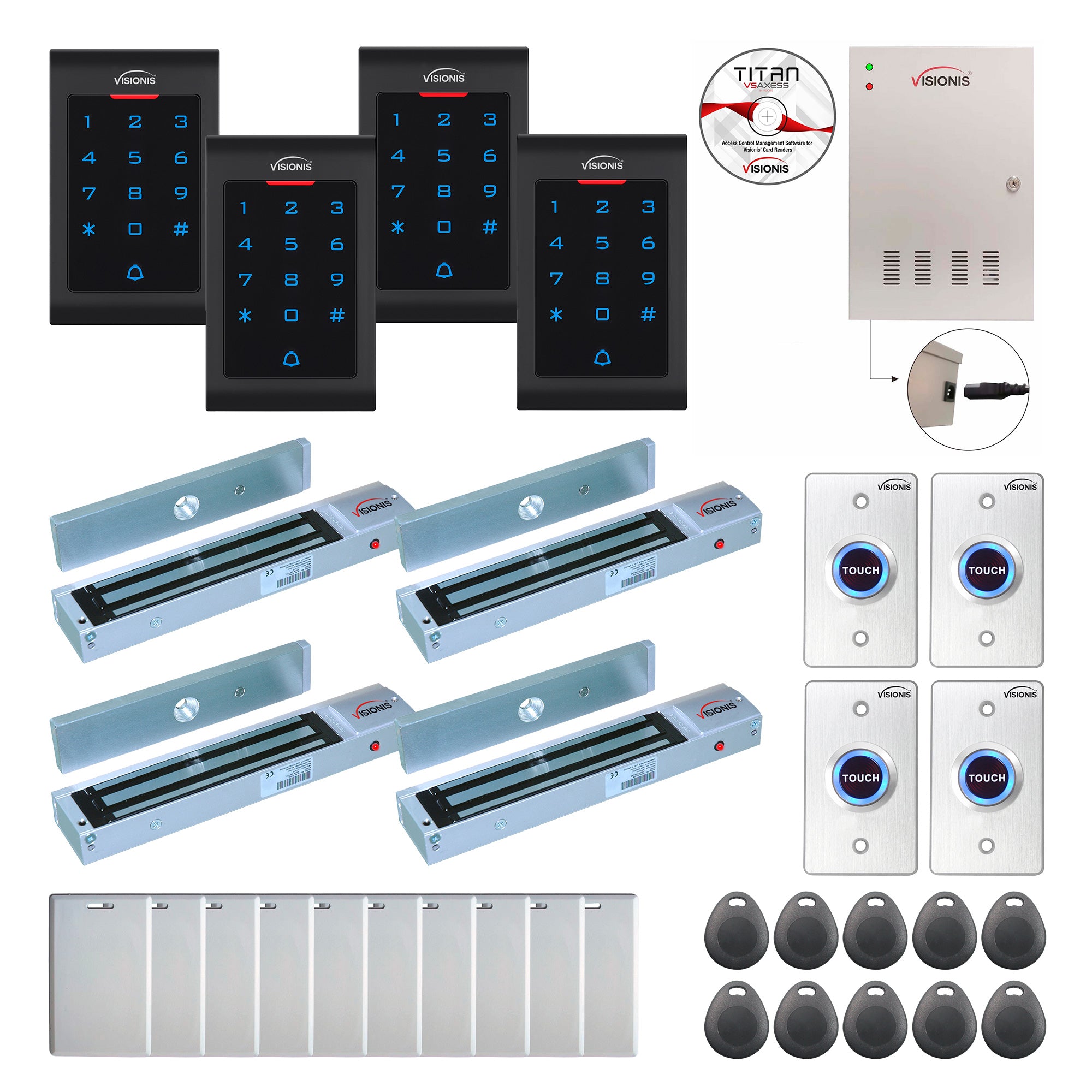 FPC-8046 Four Doors Access Control Outswinging Door 600lbs Mag Lock Time Attendance TCP/IP Wiegand Controller Box + Power Supply, Indoor Use Only Keypad/Reader, Software Included, 20000 Users Kit