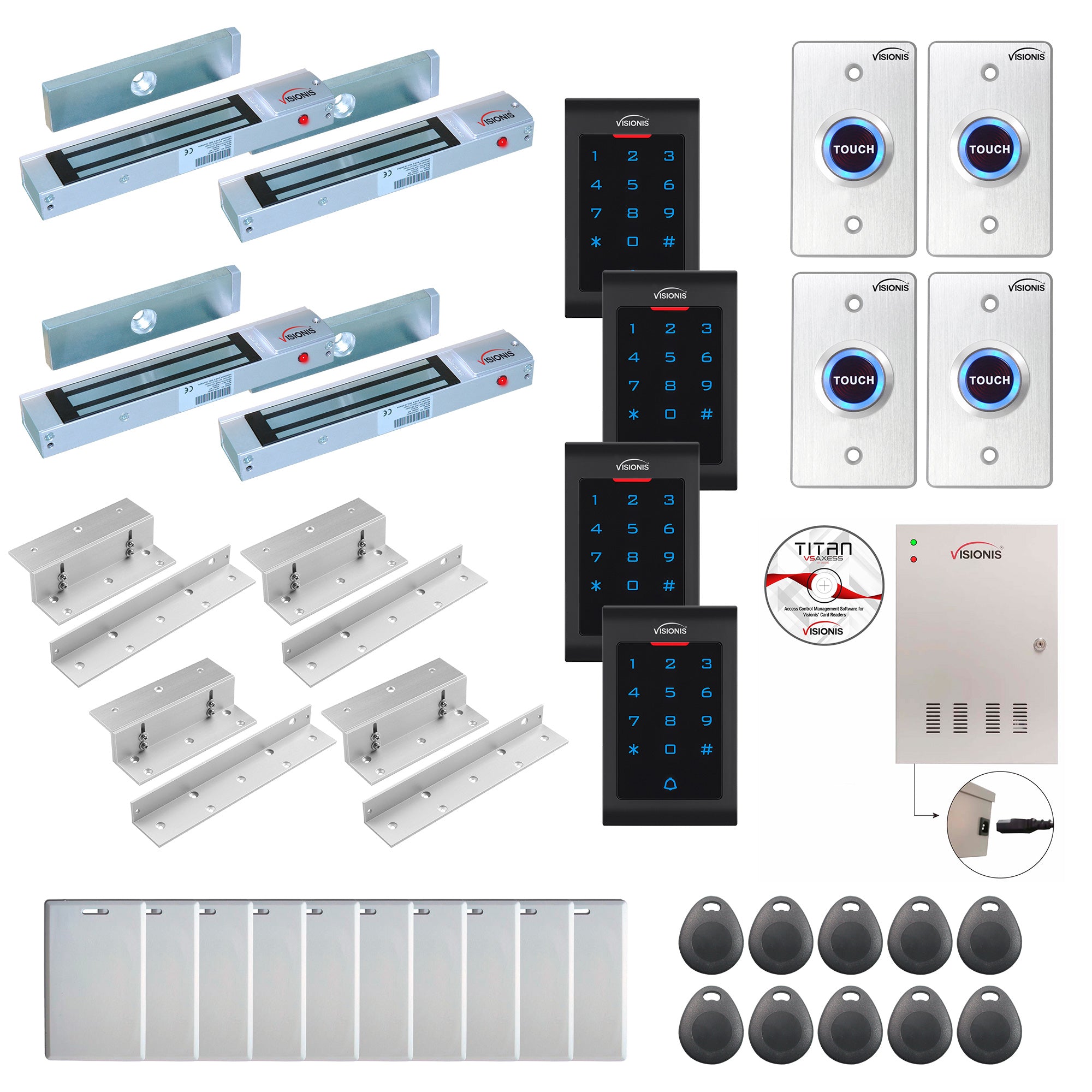 FPC-8048 Four Doors Access Control Inswinging Door 300lbs Mag Lock Time Attendance TCP/IP Wiegand Controller Box + Power Supply, Indoor Use Only Keypad / Reader, Software Included, 20000 Users Kit