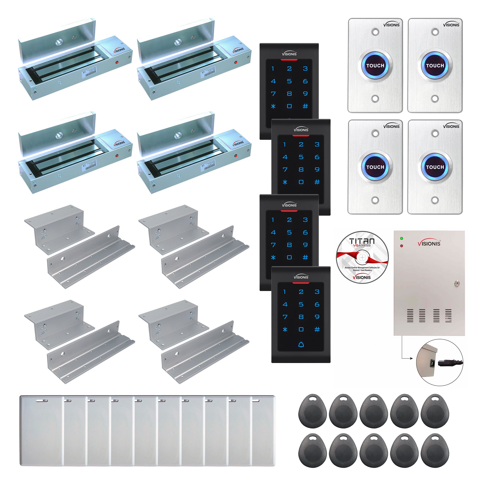 FPC-8050 Four Doors Access Control Inswinging Door 1200lbs Mag Lock Time Attendance TCP/IP Wiegand Controller Box + Power Supply, Indoor Use Only Keypad / Reader, Software Included, 20000 Users Kit