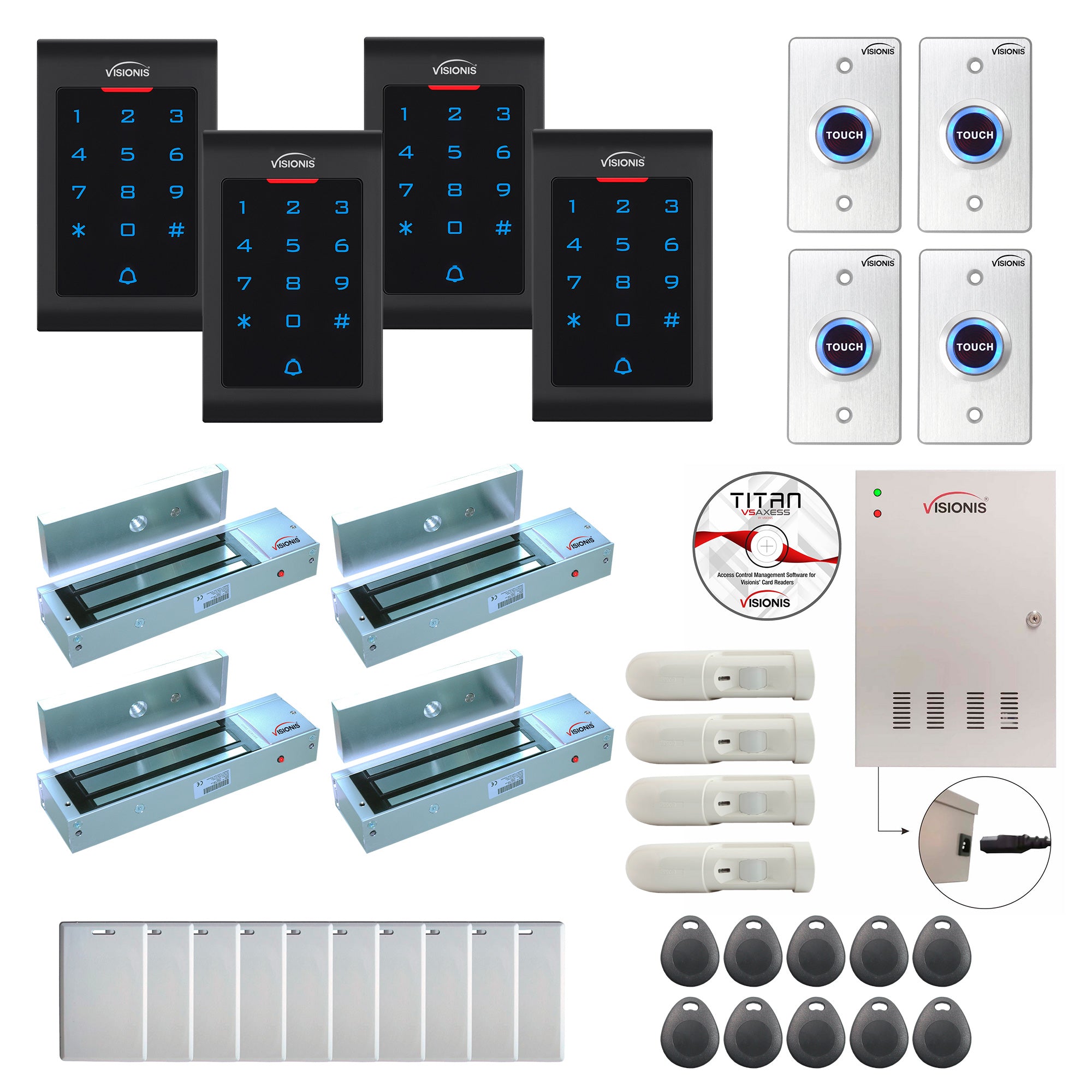 Visionis FPC-8053 Four Doors Access Control Electromagnetic Lock For Outswinging Door 1200lbs TCP/IP Wiegand Controller Box, Indoor Use Only Keypad/Reader, Software Included, 20000 Users, With PIR