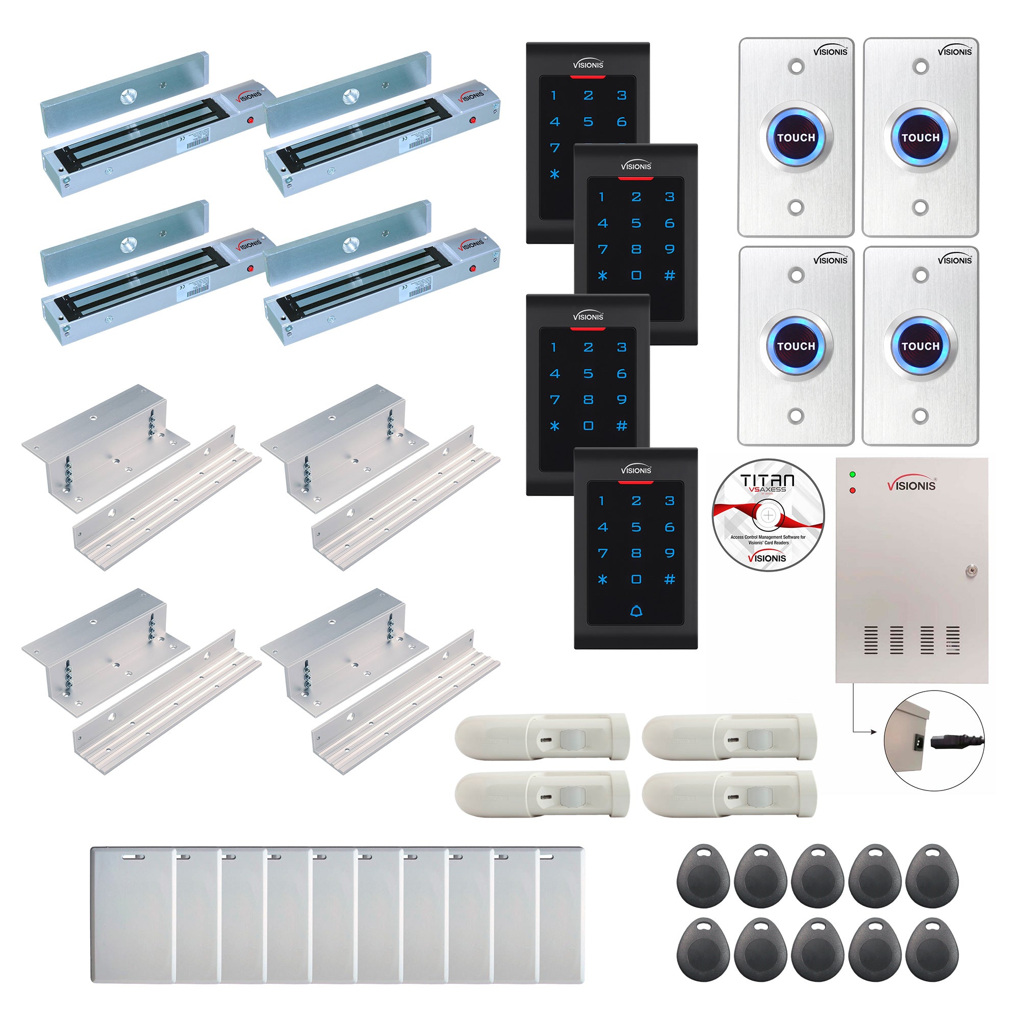 Visionis FPC-8055 Four Doors Access Control Electromagnetic Lock For Inswinging Door 600lbs TCP/IP Wiegand Controller Box, Indoor Use Only Keypad / Reader, Software Included, 20000 Users, With PIR