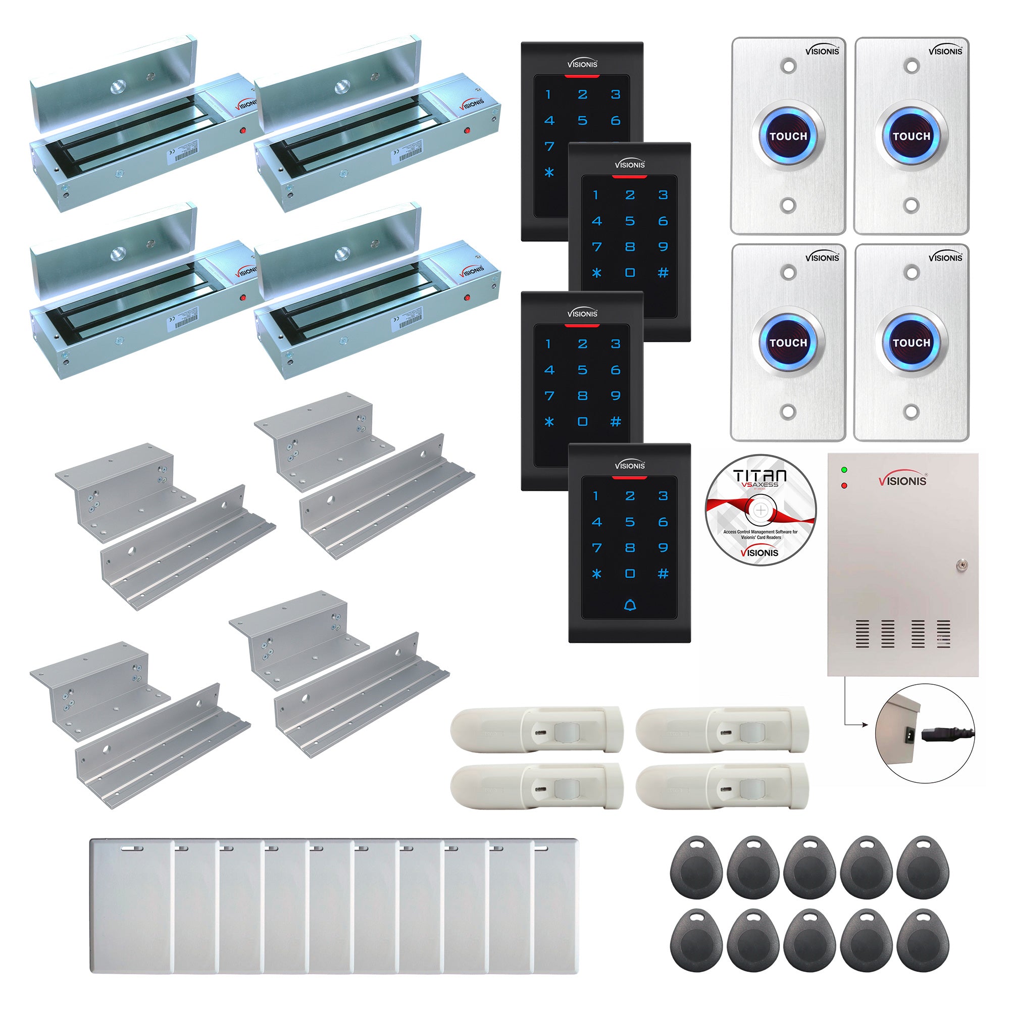 Visionis FPC-8056 Four Doors Access Control Electromagnetic Lock For Inswinging Door 1200lb TCP/IP Wiegand Controller Box, Indoor Use Only Keypad / Reader, Software Included, 20000 Users, With PIR