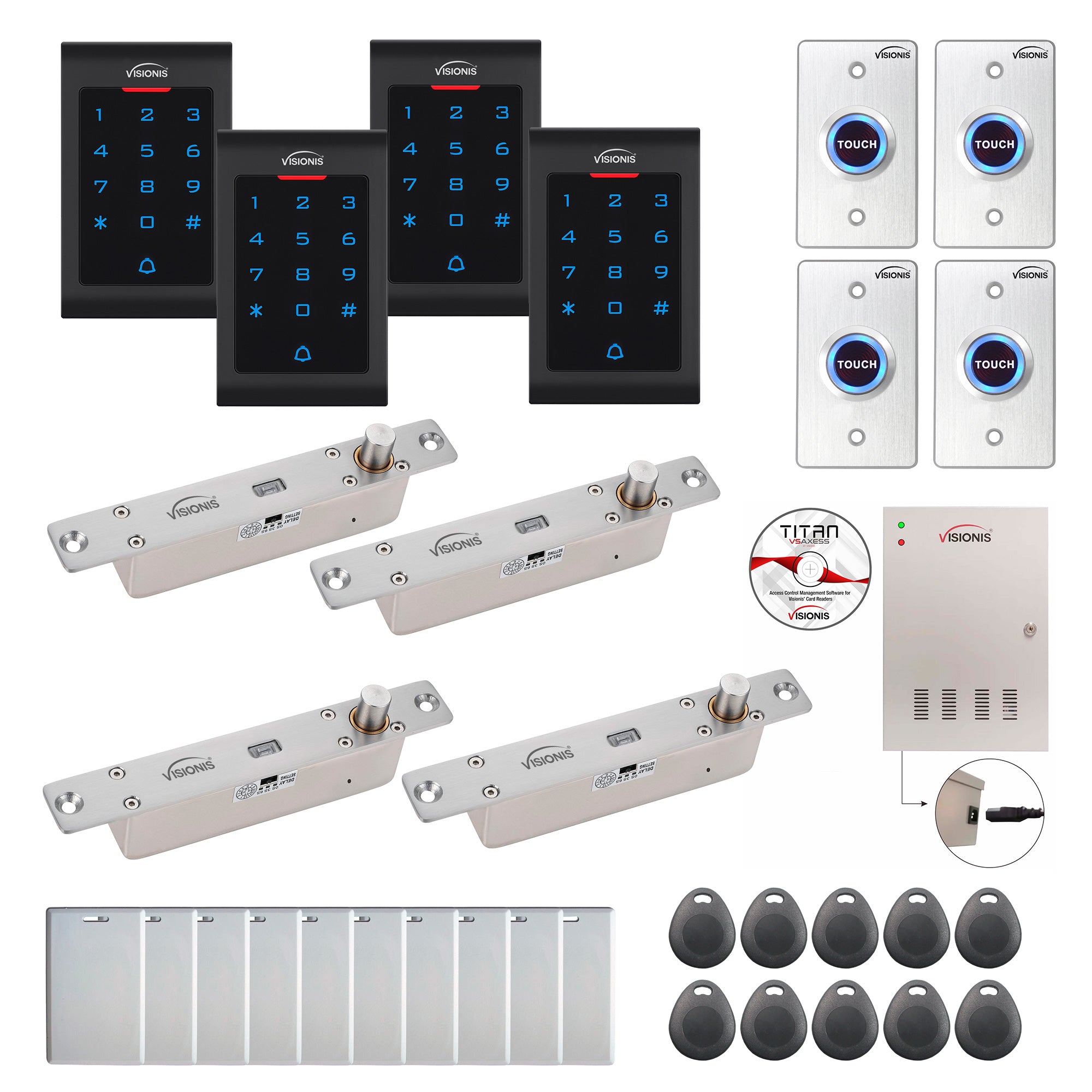 Visionis FPC-8057 Four Doors Access Control Electric Drop Bolt Fail Secure Time Attendance TCP/IP Wiegand Controller Box, Power Supply, Indoor Use Only Keypad / Reader, Software Included, 20000 Users