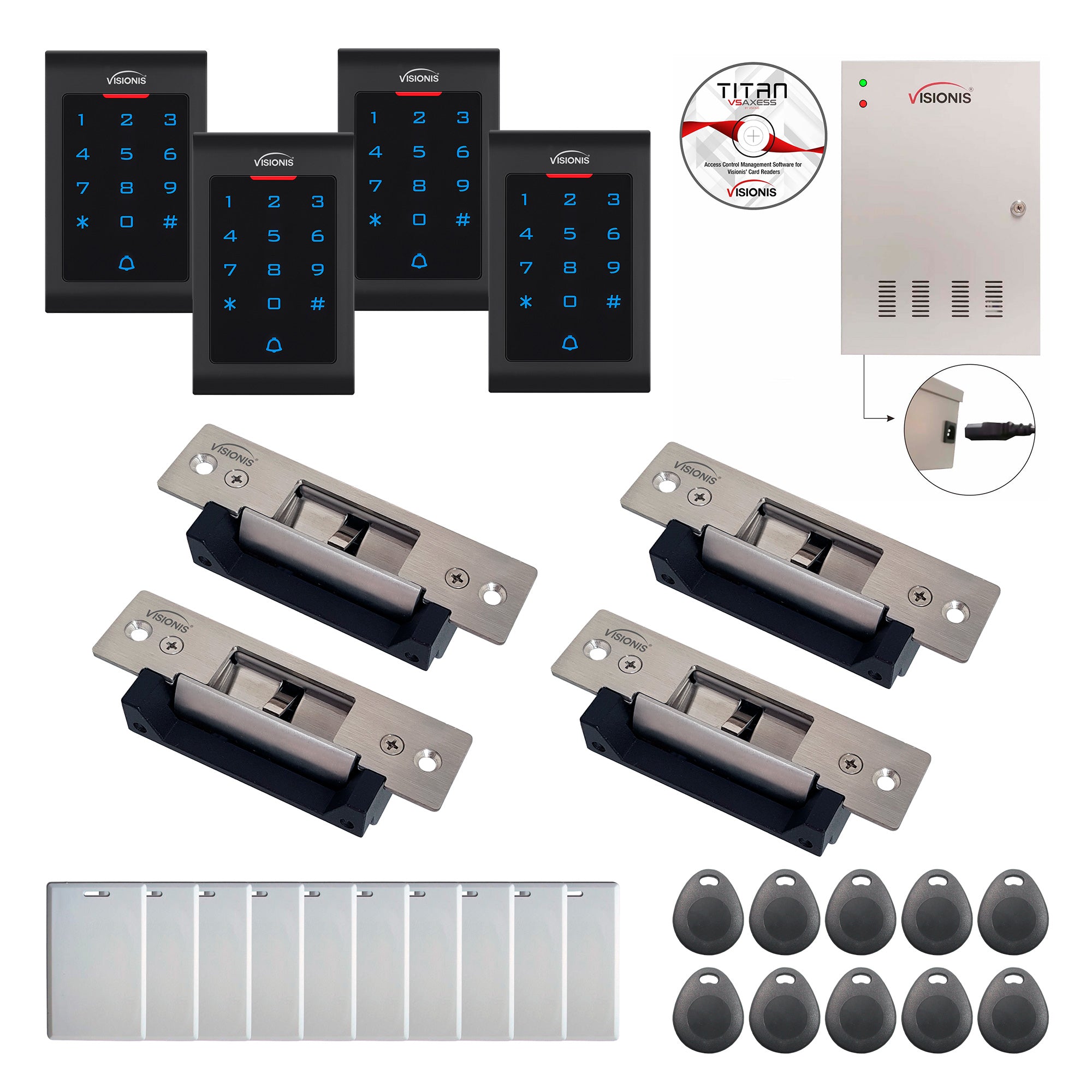 FPC-8058 Four Doors Access Control Electric Strike Fail Safe / Fail Secure Time Attendance TCP/IP Wiegand Controller Box, Power Supply, Indoor Use Only Keypad / Reader, Software Included, 20000 Users