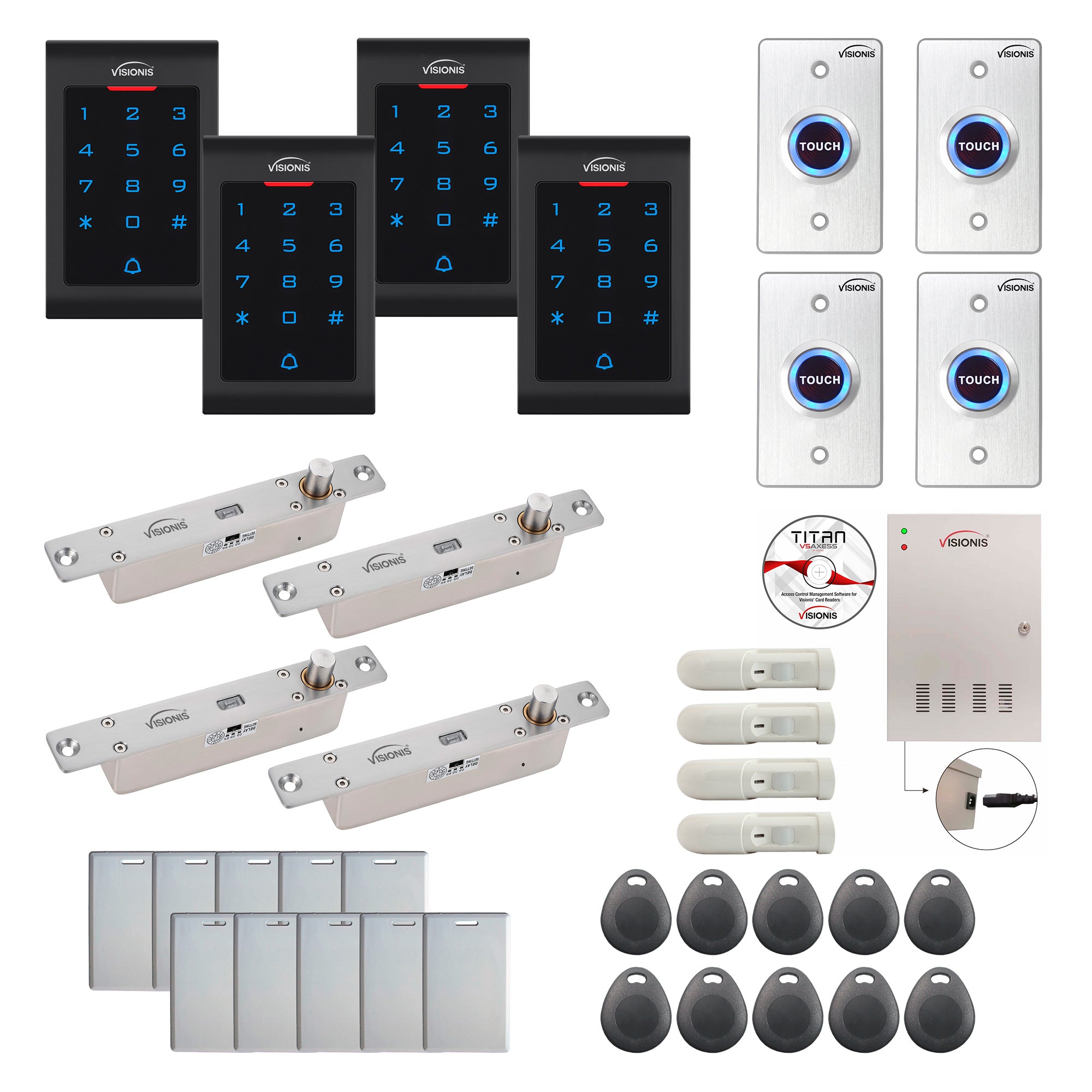 Visionis FPC-8059 Four Doors Access Control Electric Drop Bolt Fail Secure Time Attendance TCP/IP Wiegand Controller Box, Indoor Use Only Keypad / Reader, Software Included, 20000 User, With PIR Kit