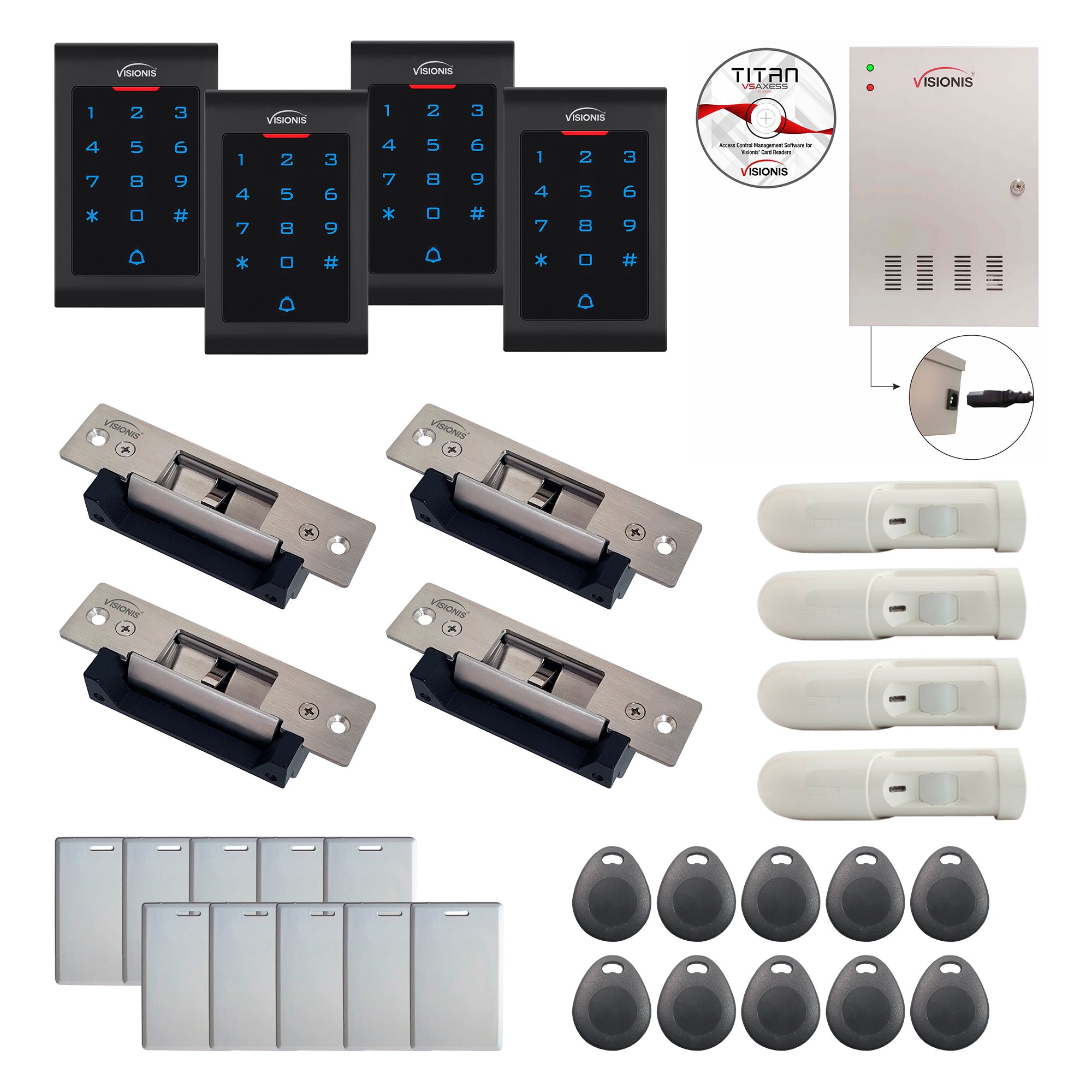 Visionis FPC-8060 4 Doors Access Control Electric Strike Fail Safe And Fail Secure, Time Attendance TCP/IP Wiegand Controller Box, Indoor Use Only Keypad / Reader, Software, 20000 User, With PIR Kit