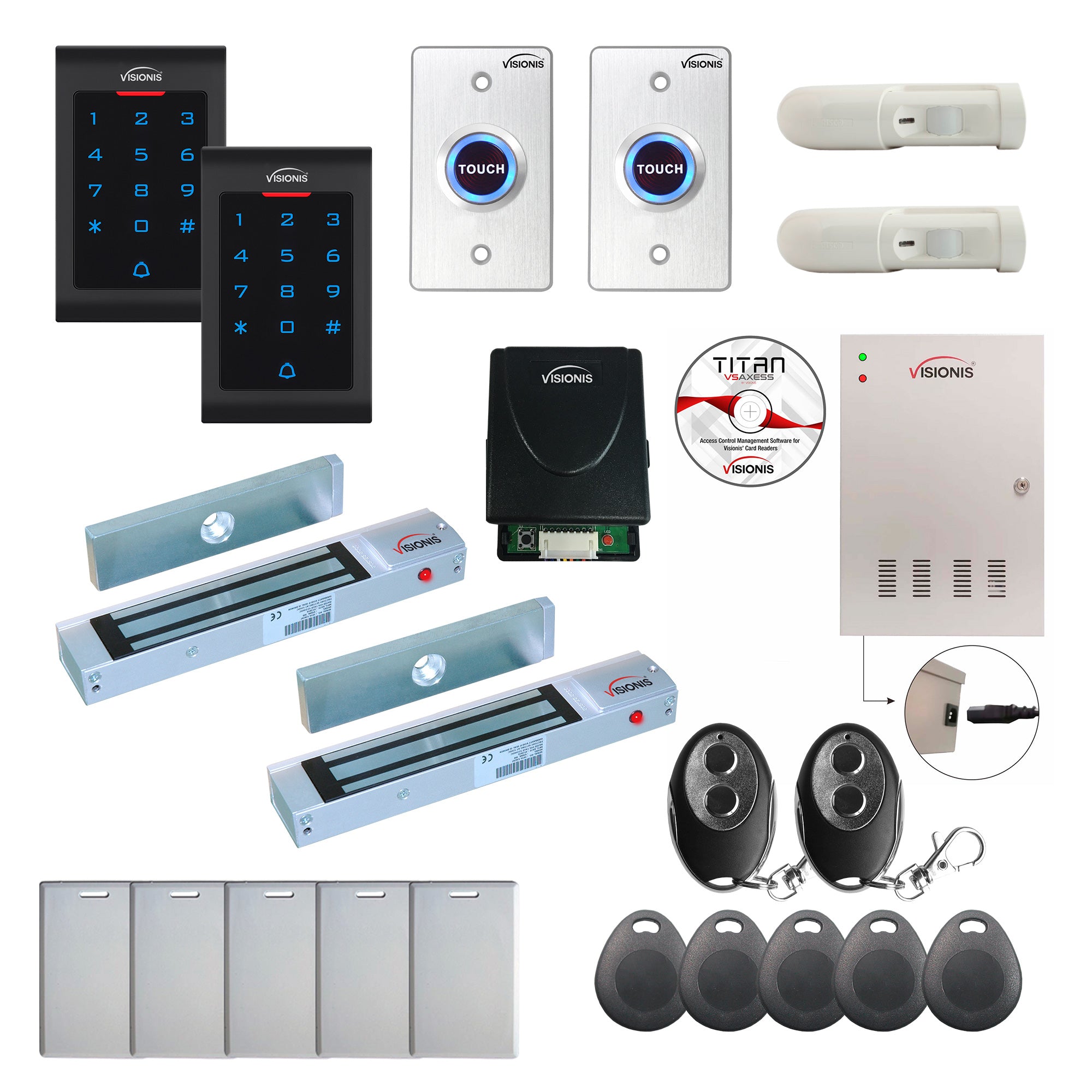 FPC-8073 2 Door Professional Access Control Electric Lock For Outswinging Door 300lbs TCP/IP Wiegand Controller Box, Keypad/Reader, Software, 20,000 Users, 70,000 Records, Wireless Receiver, PIR Kit