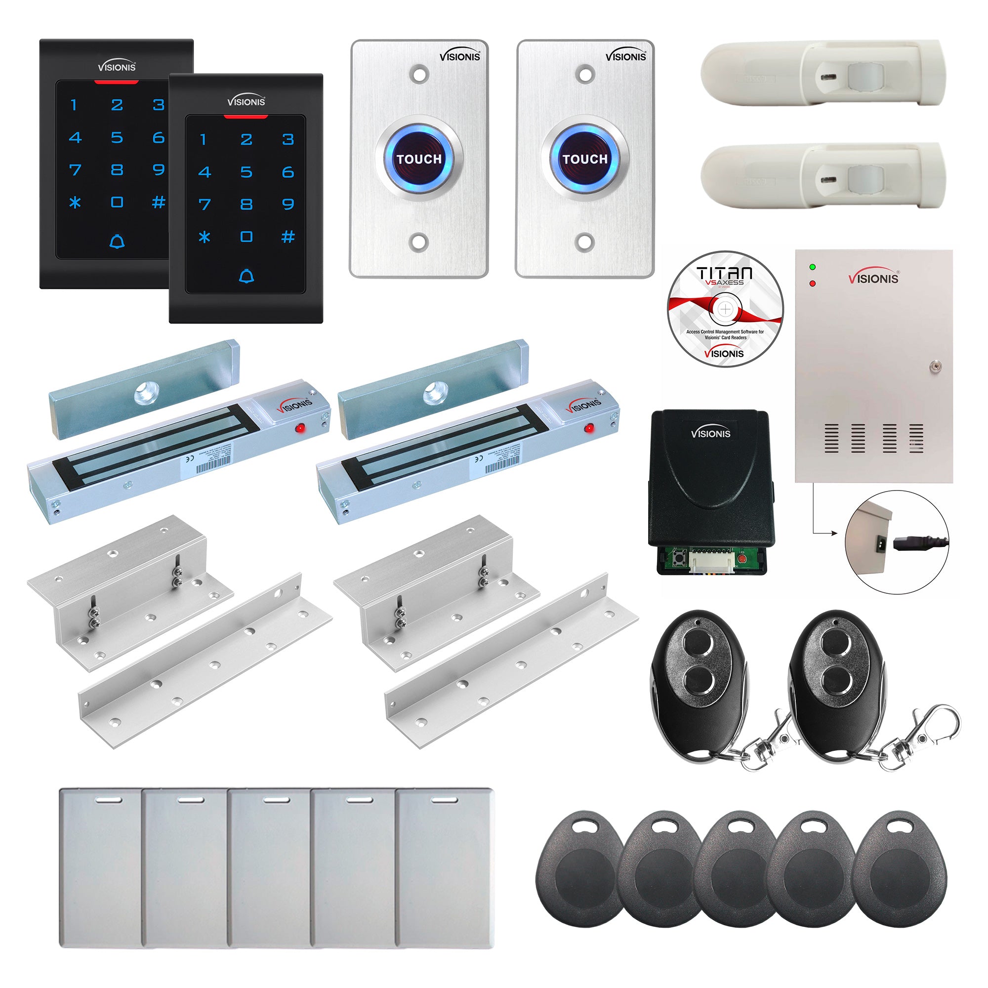 FPC-8076 2 Door Professional Access Control Electric Lock For Inswinging Door 300lbs TCP/IP Wiegand Controller Box, Keypad/Reader, Software, 20,000 Users, 70,000 Records, Wireless Receiver, PIR Kit