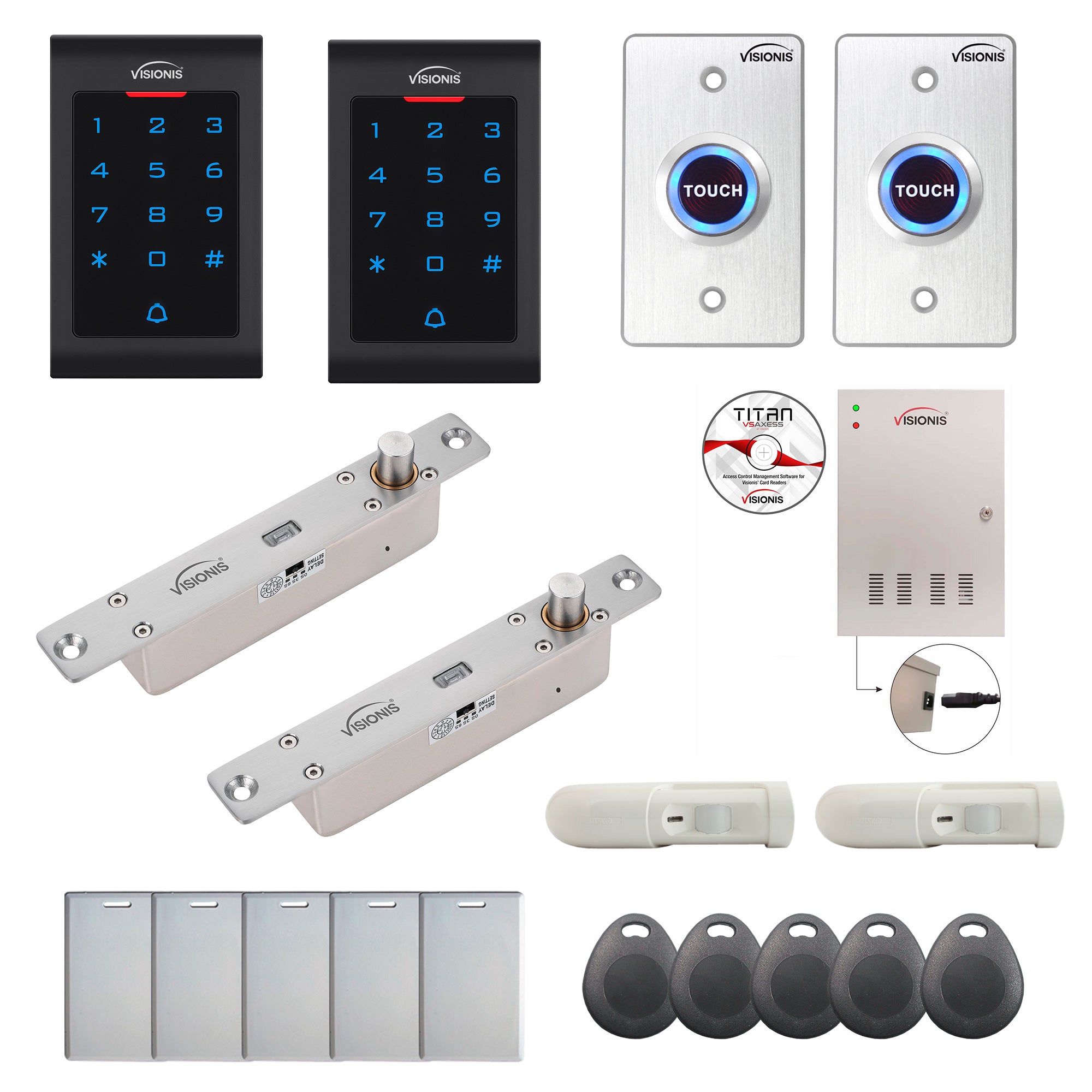 FPC-8081 Two Door Professional Access Control Electric Drop Bolt Fail Secure TCP/IP Wiegand Controller Box, Indoor Use Only Keypad/Reader, Software Included, 20000 Users, 70000 Records, With PIR Kit