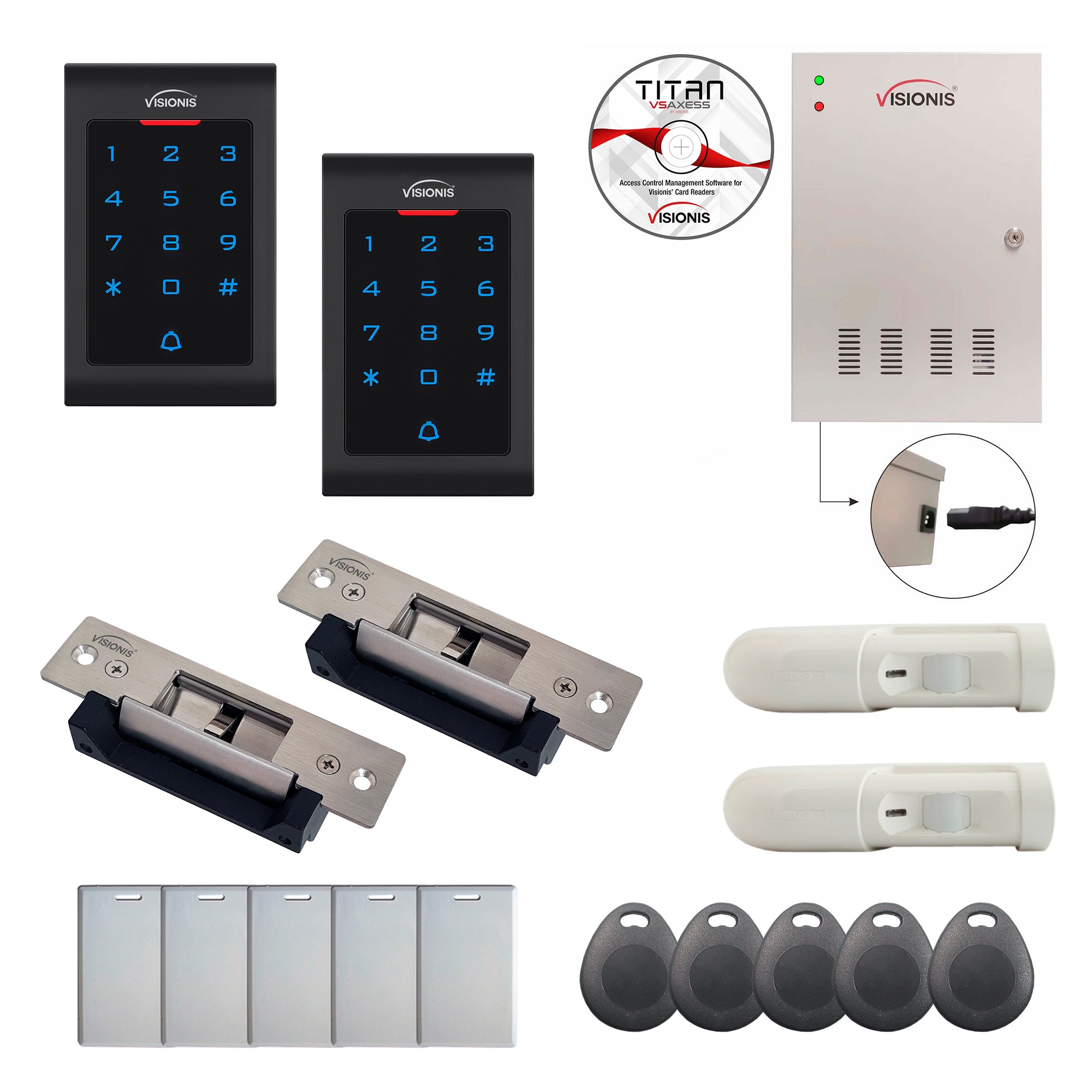 FPC-8082 Two Doors Professional Access Control Electric Strike Fail Safe Fail Secure TCP/IP Wiegand Controller Box, Indoor Keypad/Reader, Software Included, 20,000 Users, 70,000 Records, With PIR Kit